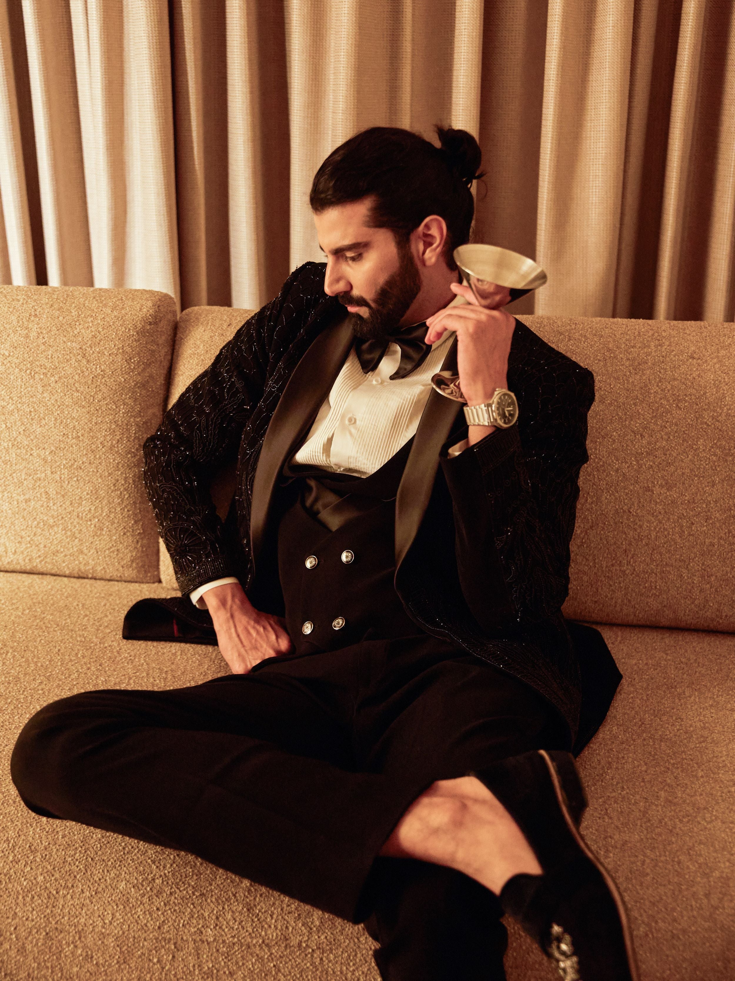 Black Cutdana And Beads Embroidery Tuxedo Set