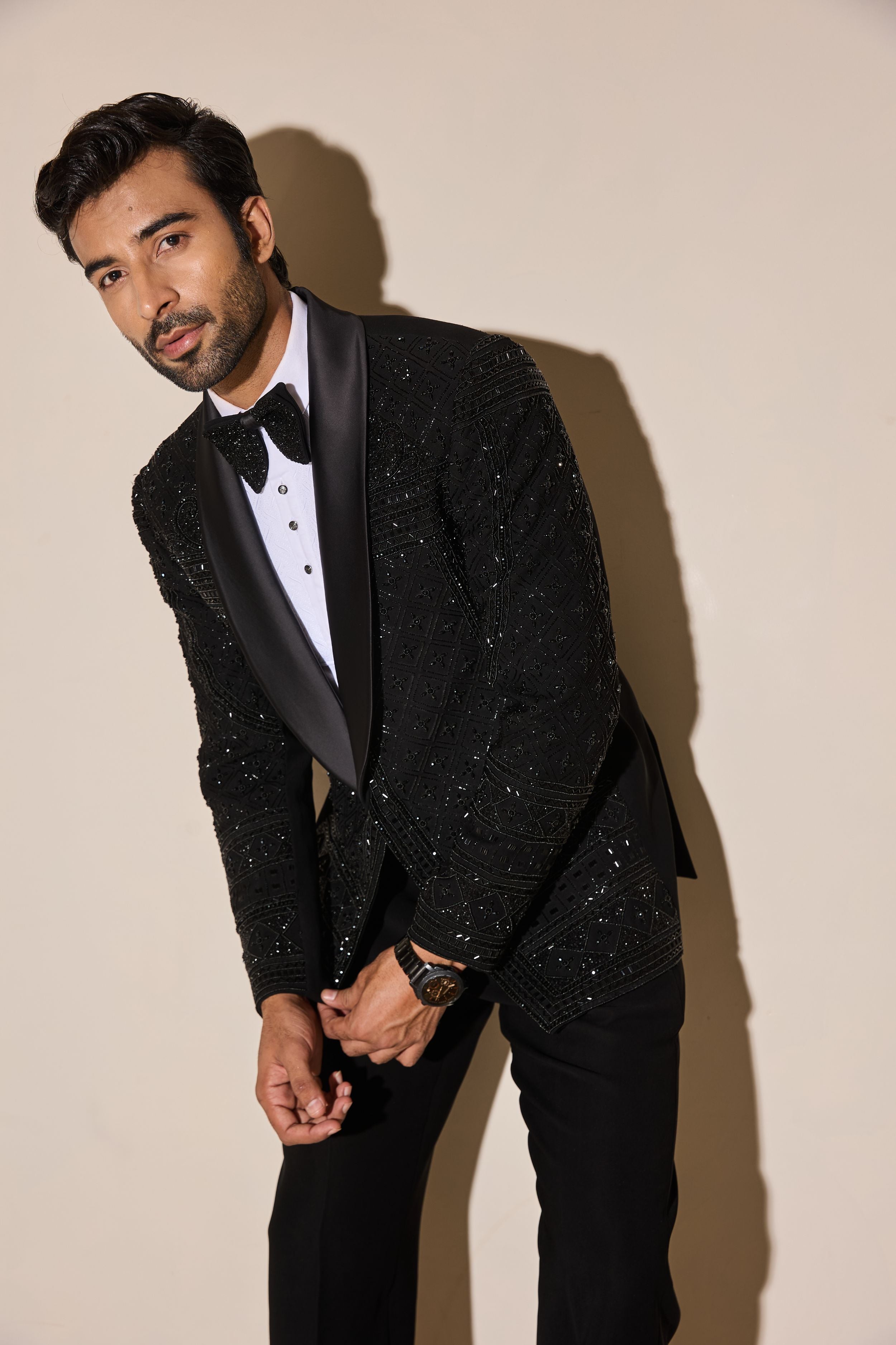Black Cutdana And Beads Embroidery Tuxedo Set