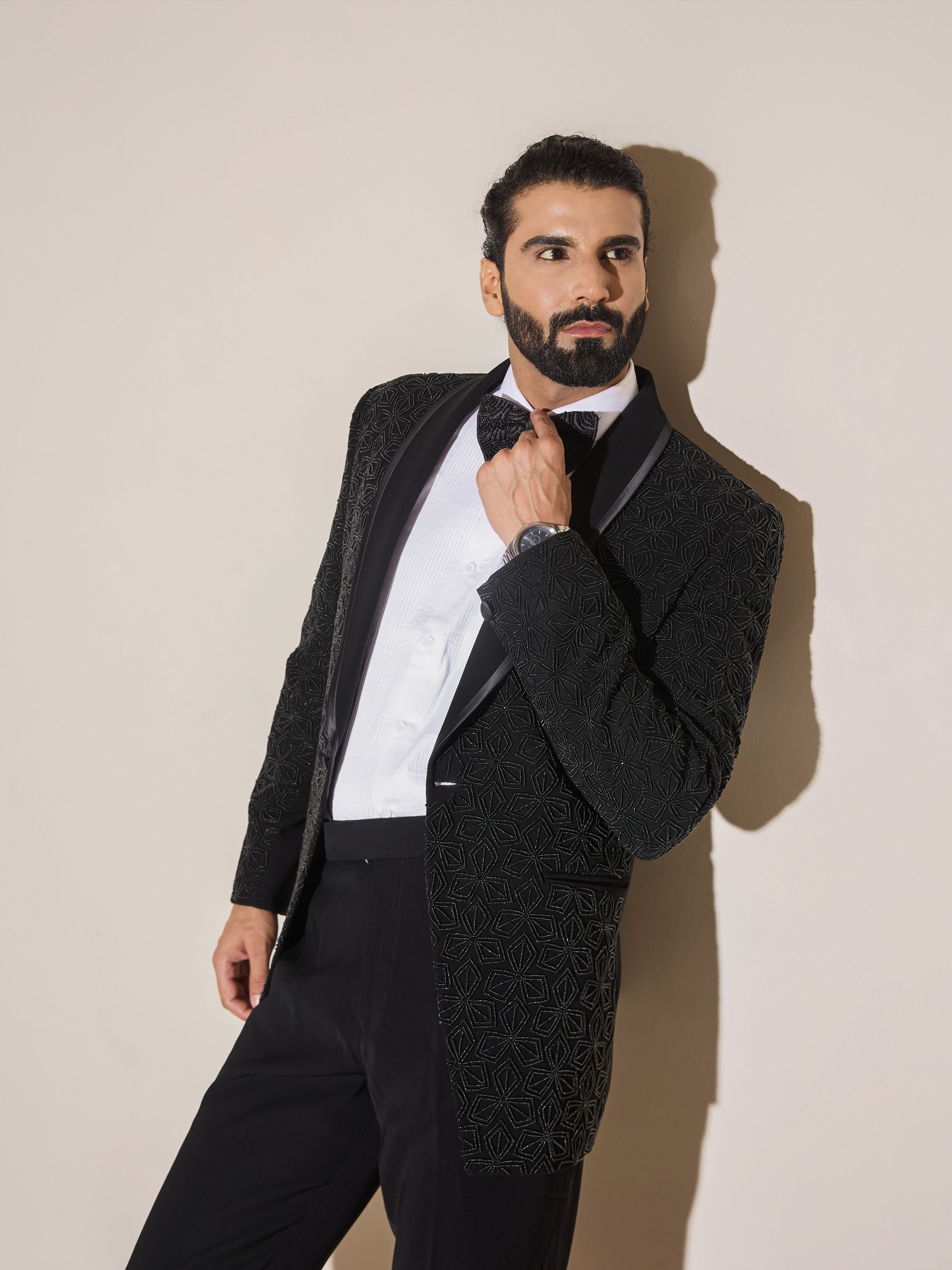 Black Beads Embroidery Tuxedo Set