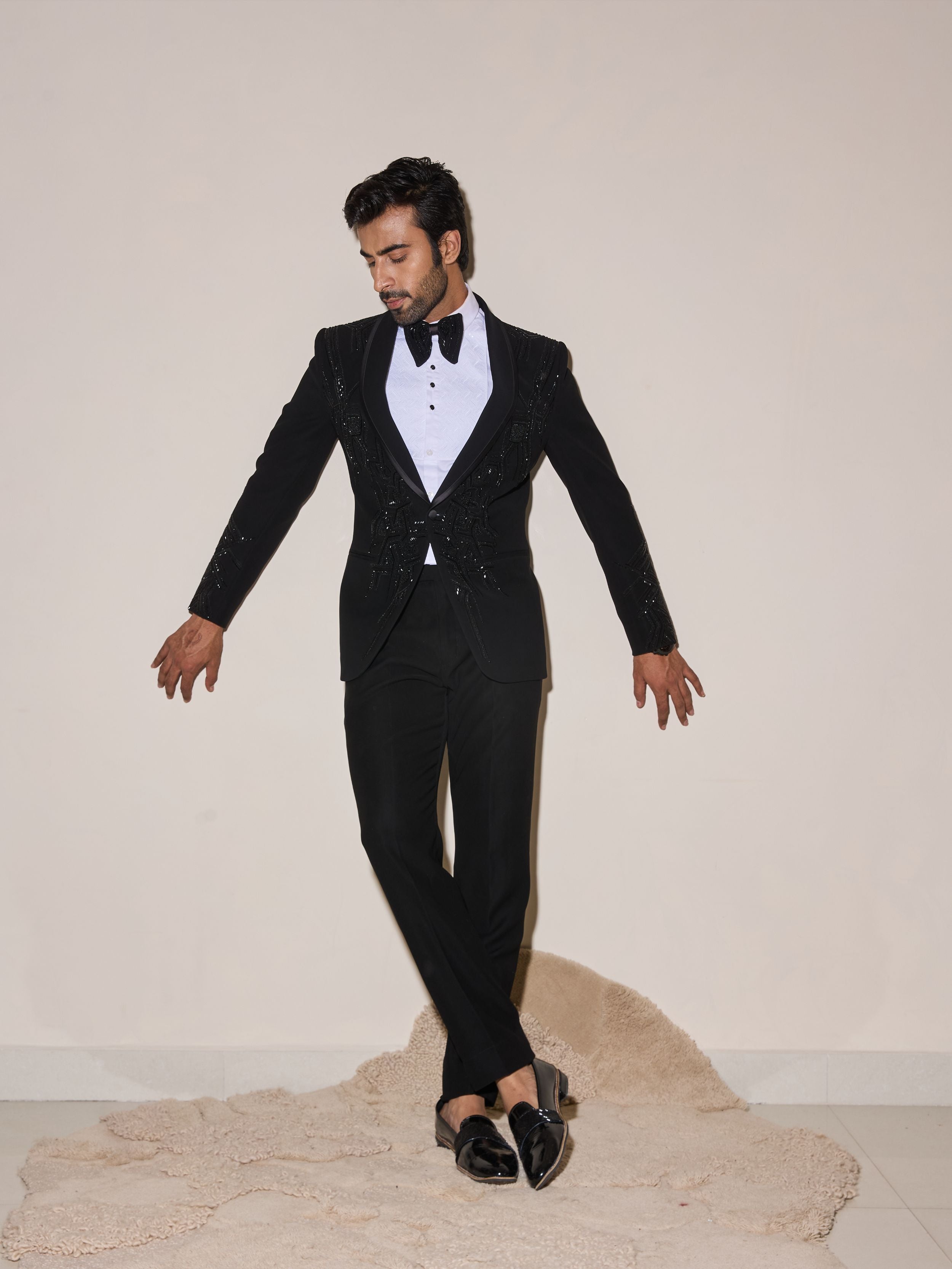 Black Cutdana And Beads Embroidery Tuxedo Set