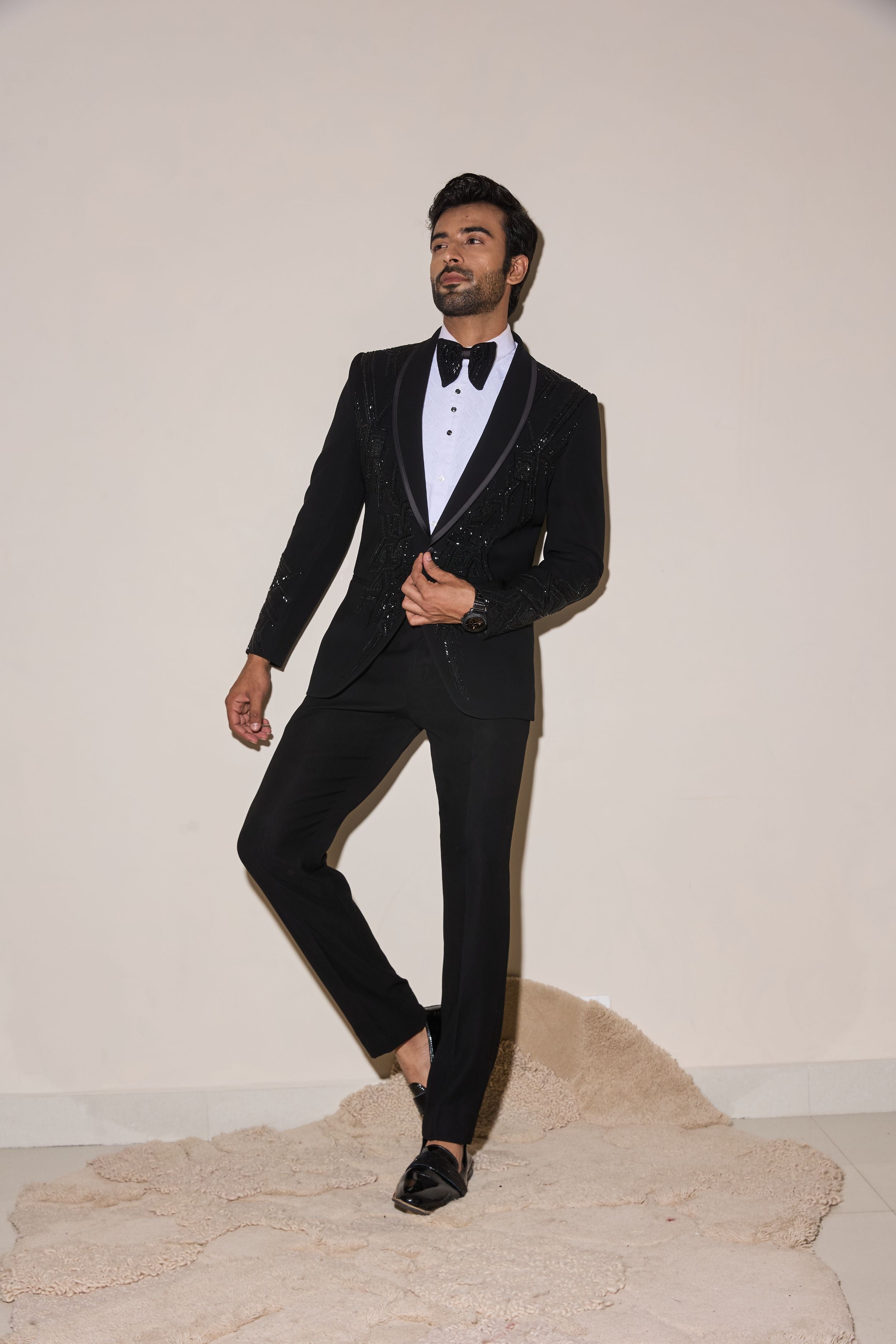 Black Cutdana And Beads Embroidery Tuxedo Set