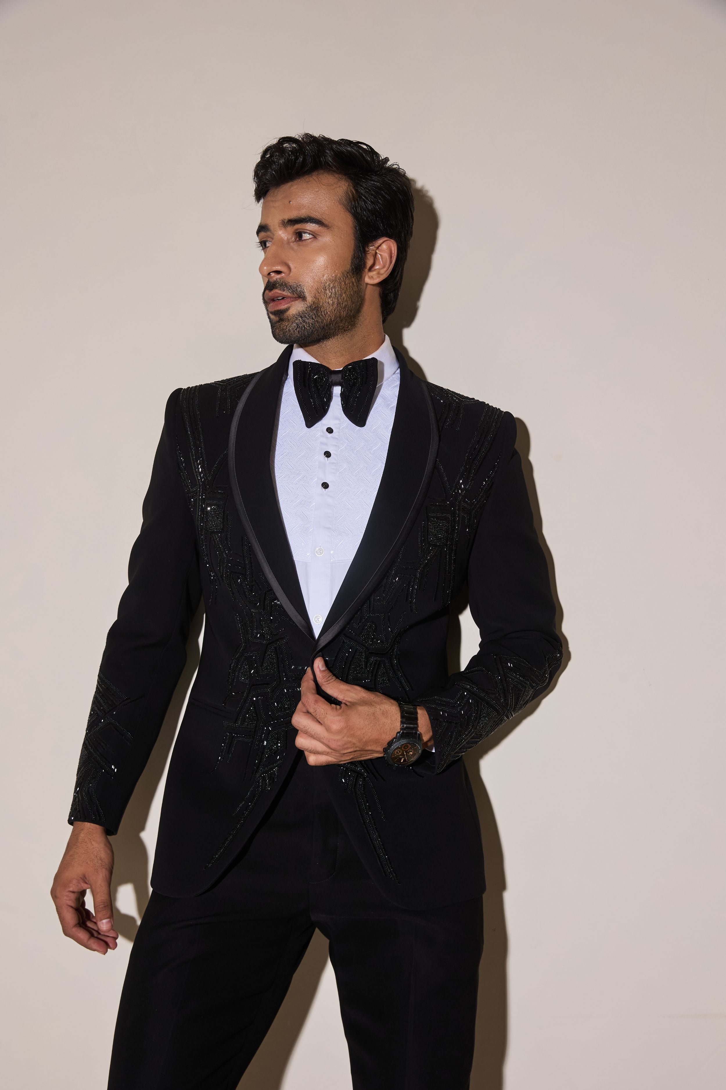 Black Cutdana And Beads Embroidery Tuxedo Set