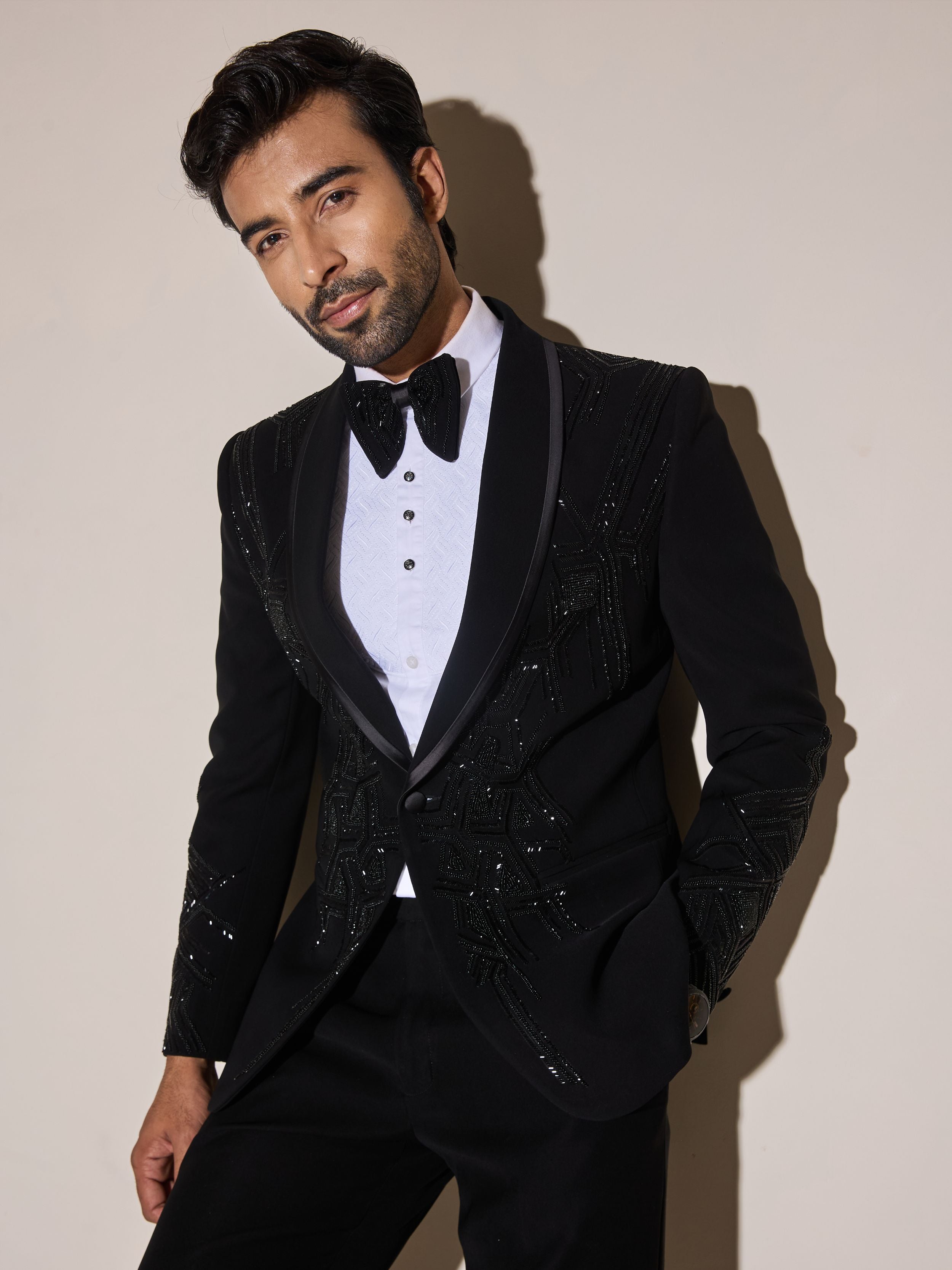 Black Cutdana And Beads Embroidery Tuxedo Set