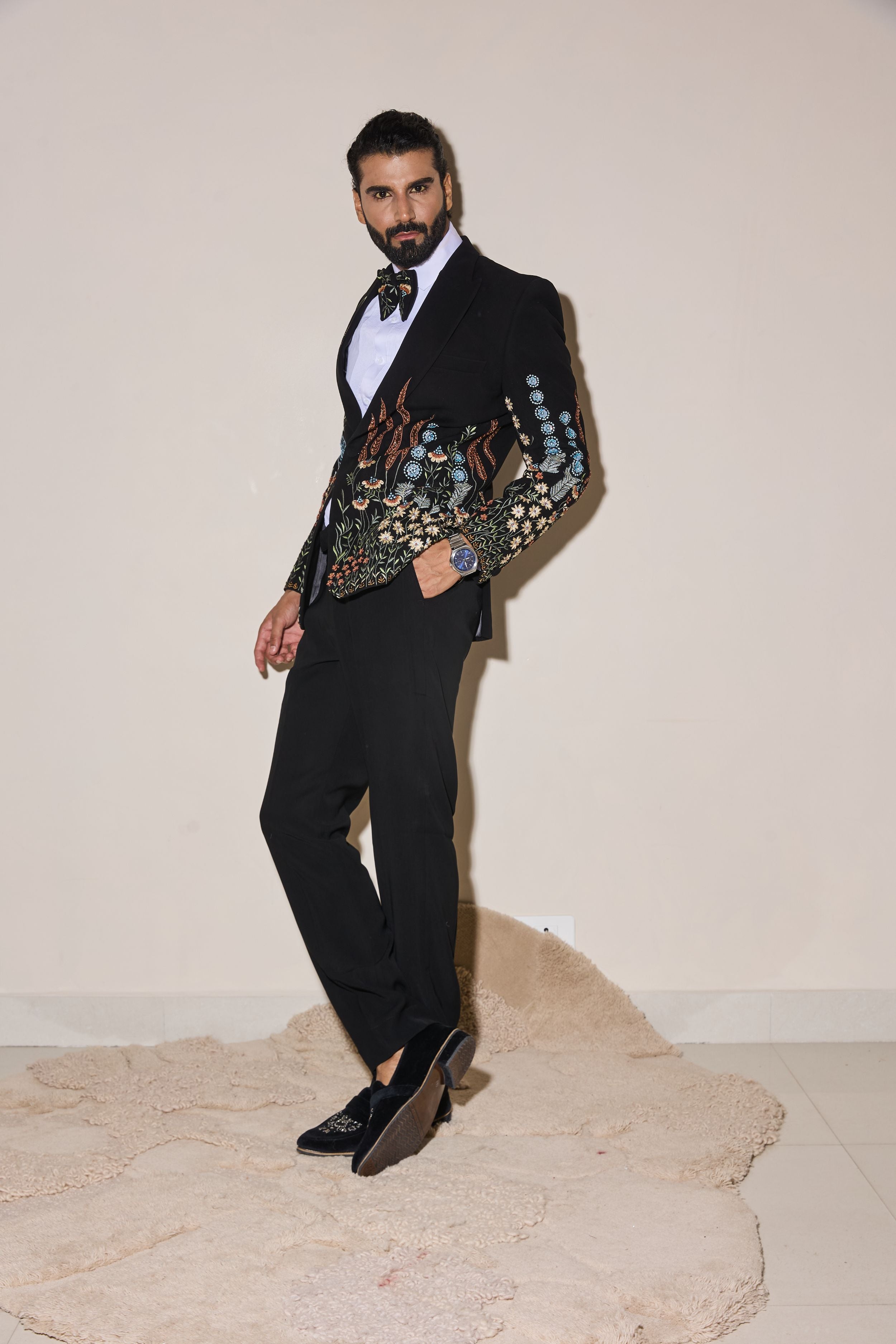 Black Thread Work And Beads Embroidery Tuxedo Set