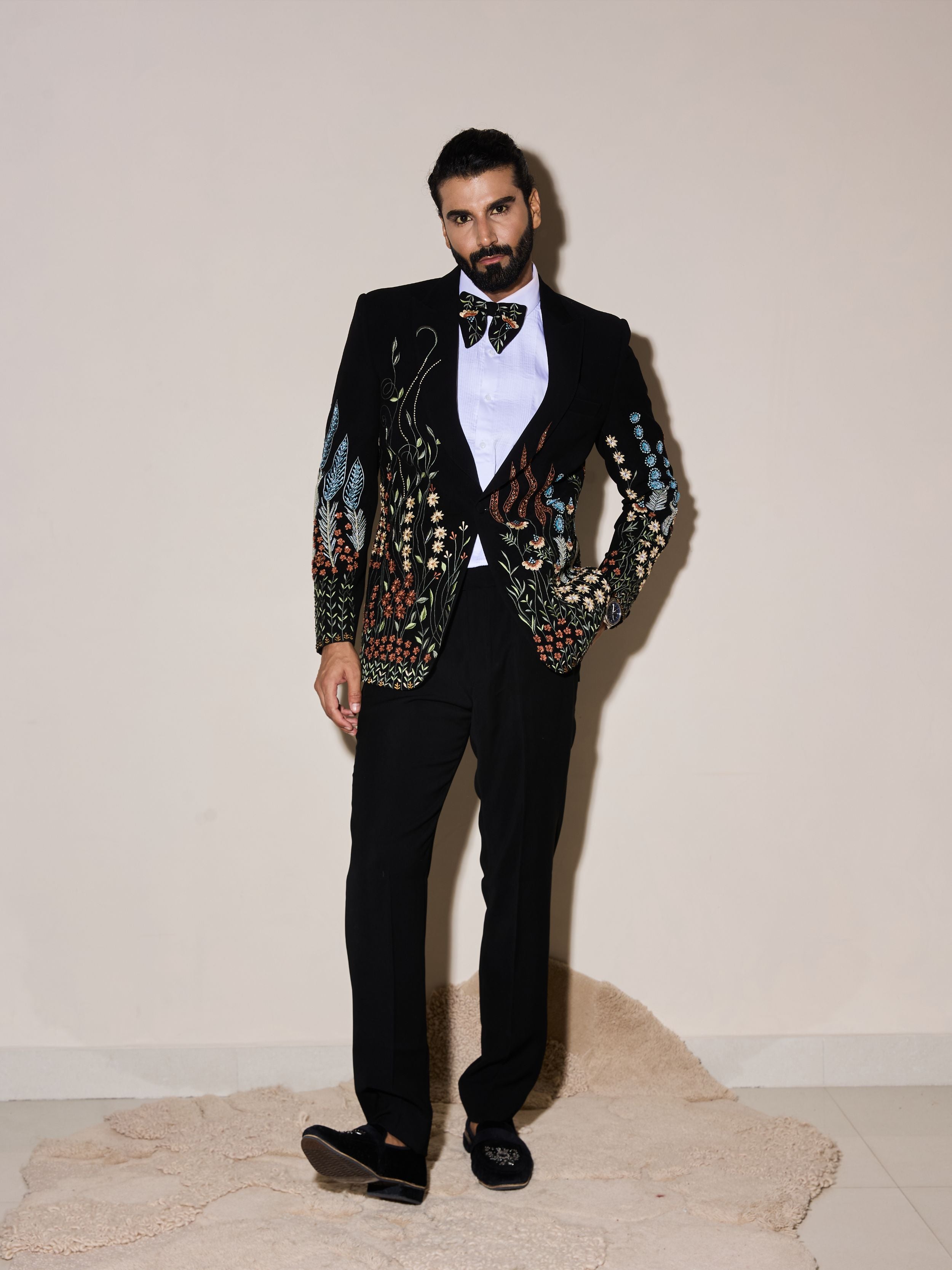 Black Thread Work And Beads Embroidery Tuxedo Set