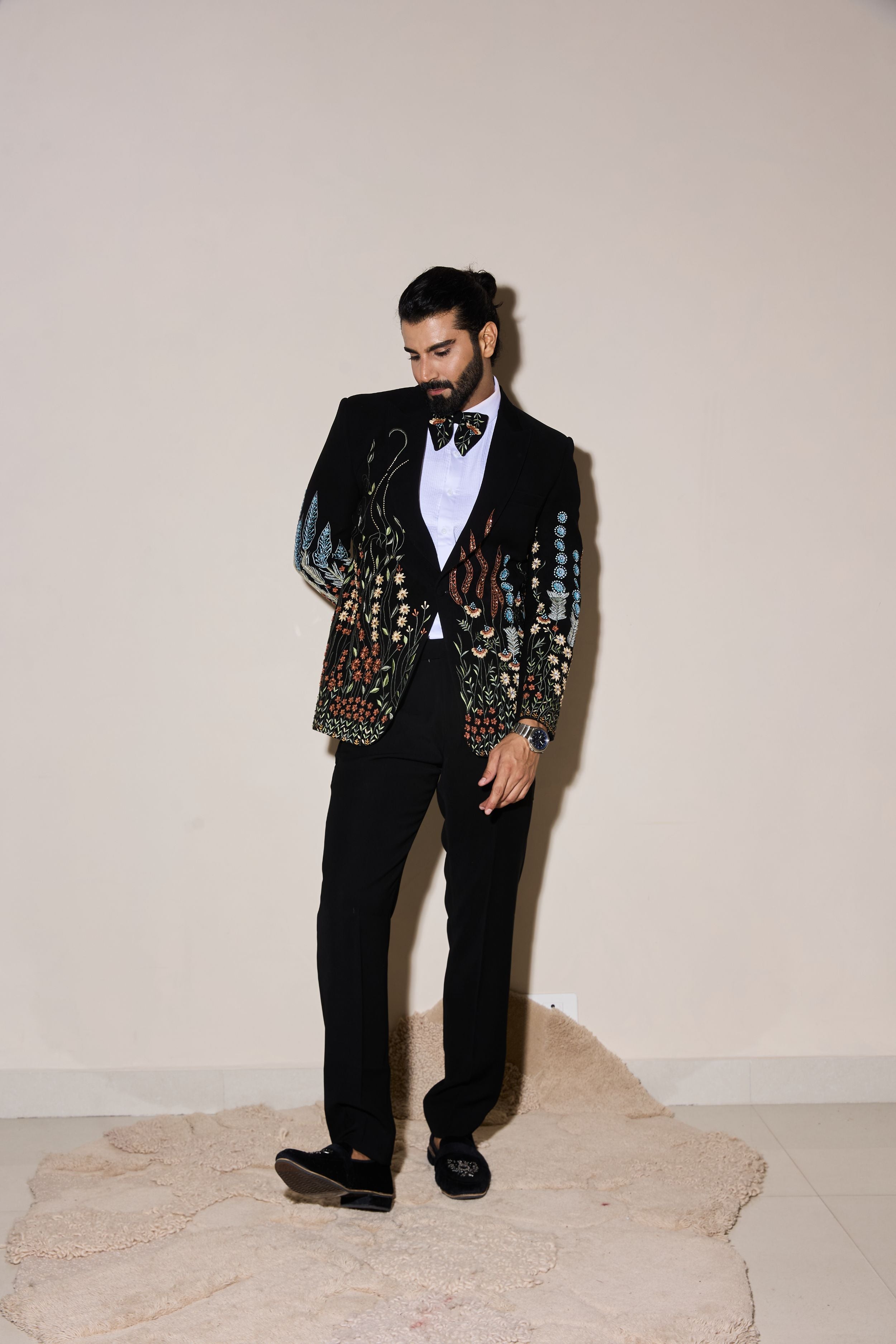 Black Thread Work And Beads Embroidery Tuxedo Set