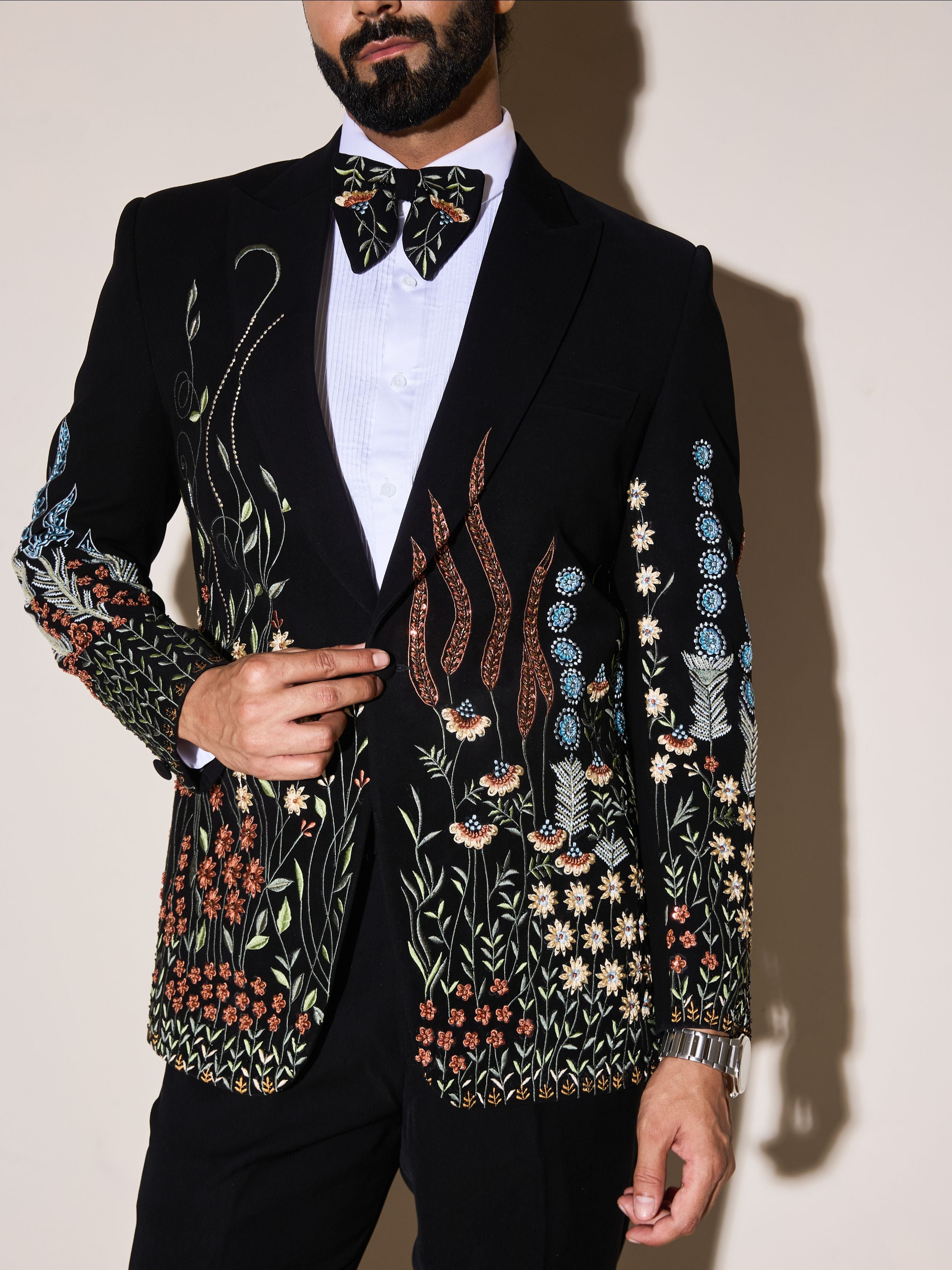 Black Thread Work And Beads Embroidery Tuxedo Set