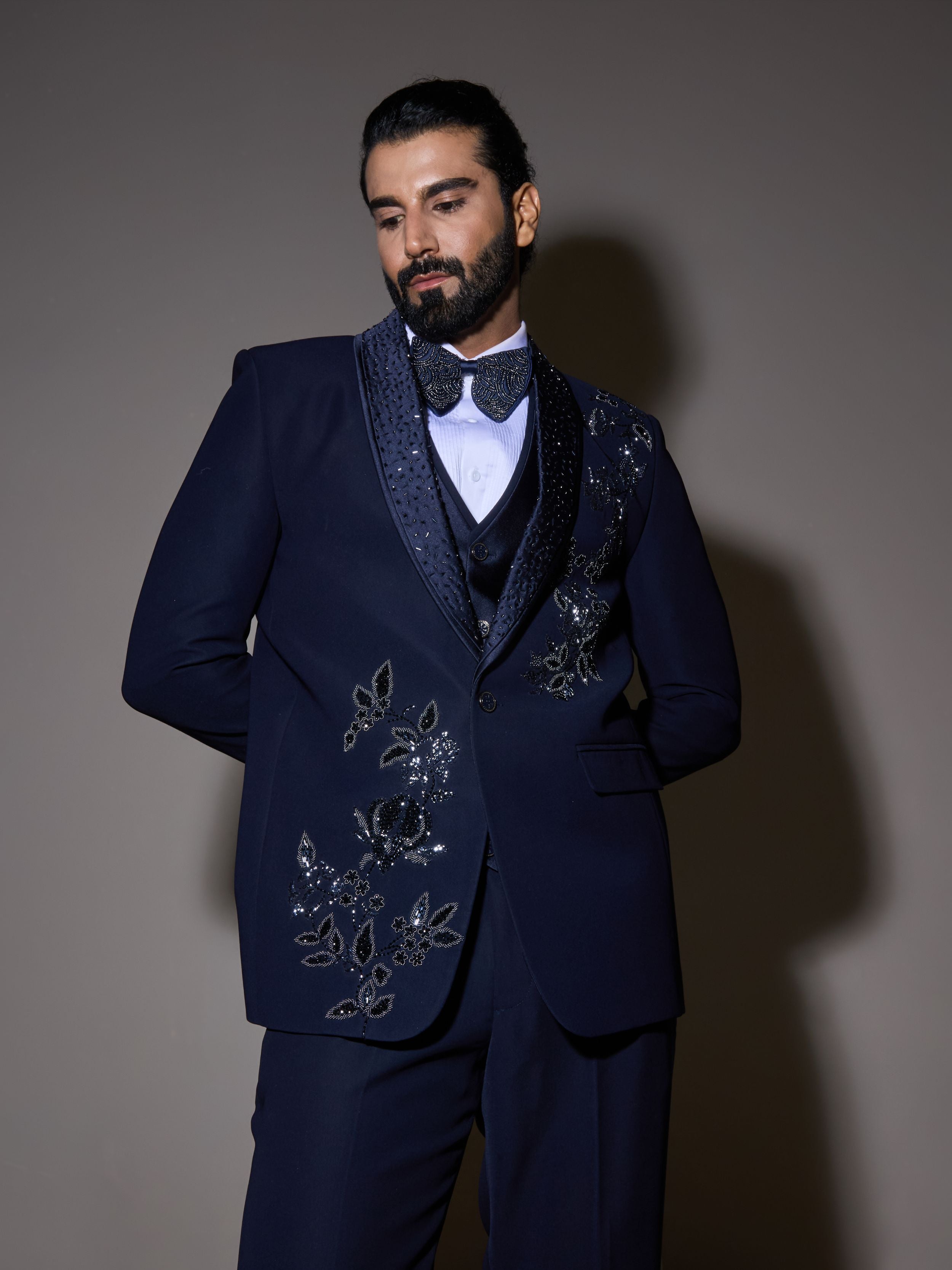 Blue Cutdana And Beads Embroidery Tuxedo Set