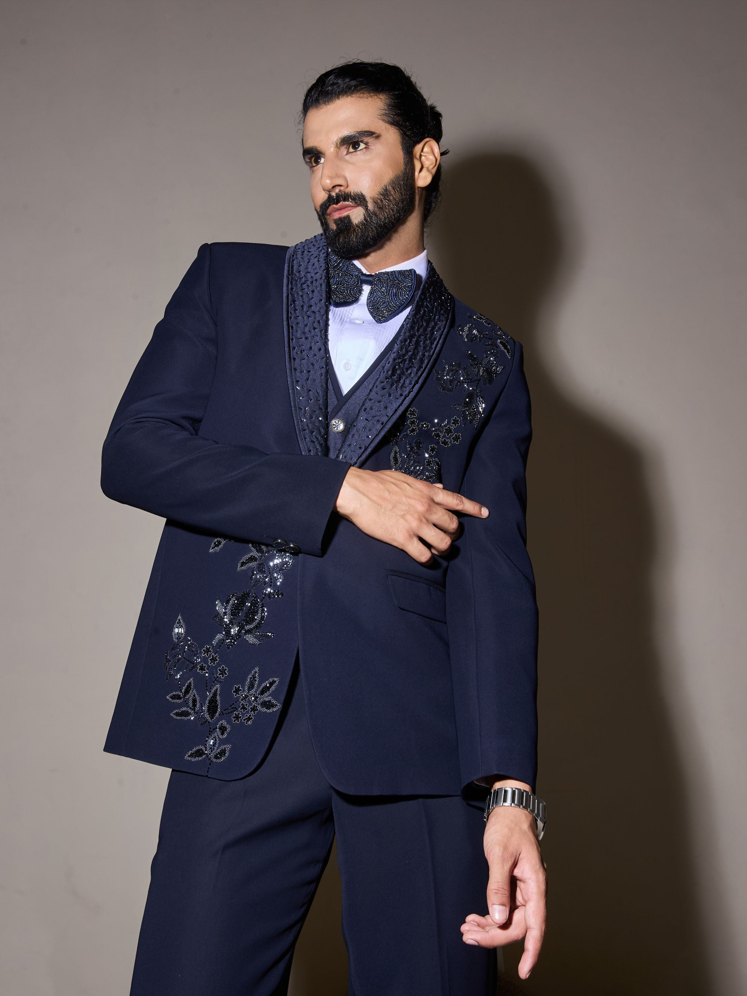Blue Cutdana And Beads Embroidery Tuxedo Set