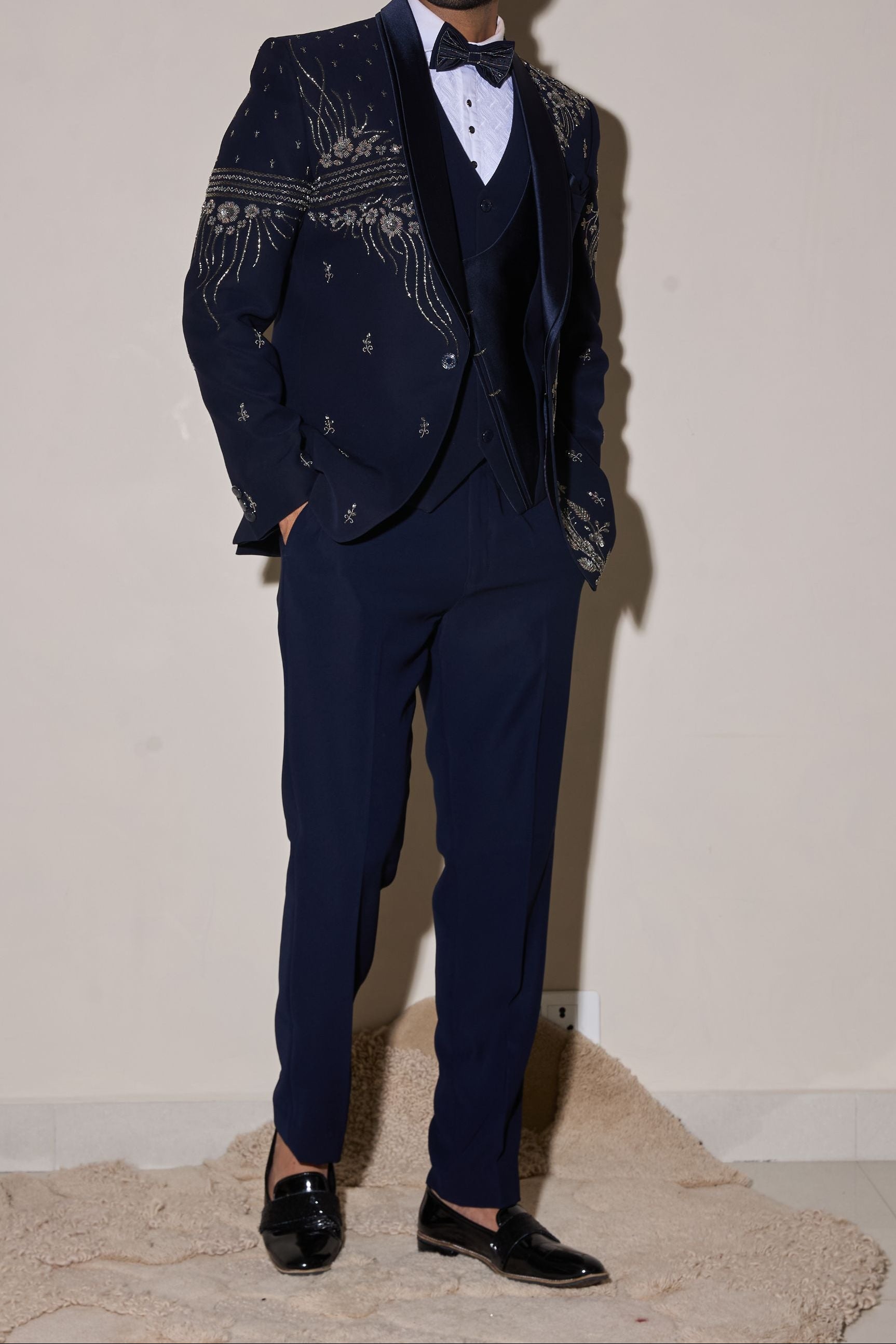 Blue Zardosi And Cutdana Hand Embroidery Tuxedo Set