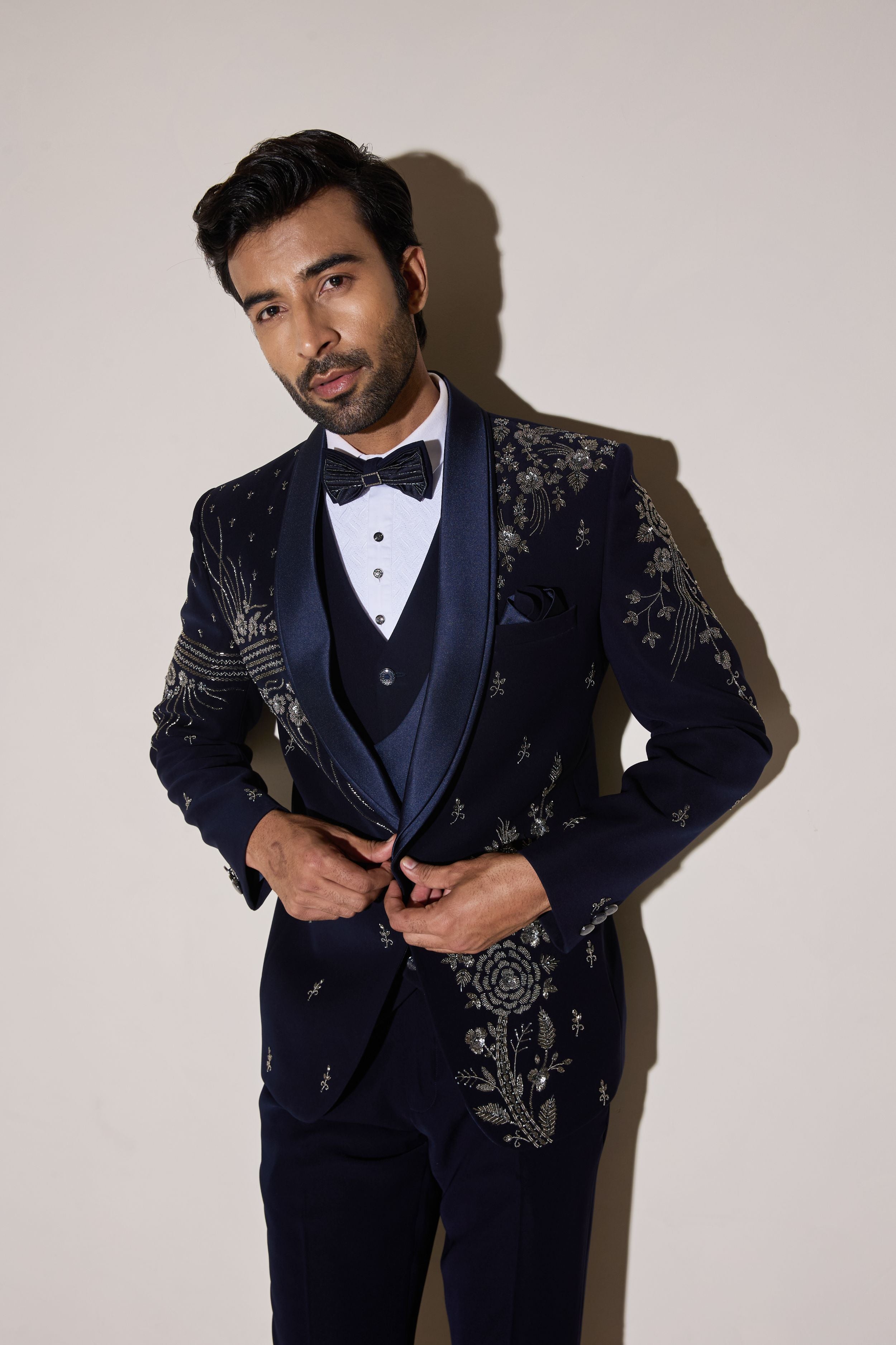 Blue Zardosi And Cutdana Hand Embroidery Tuxedo Set
