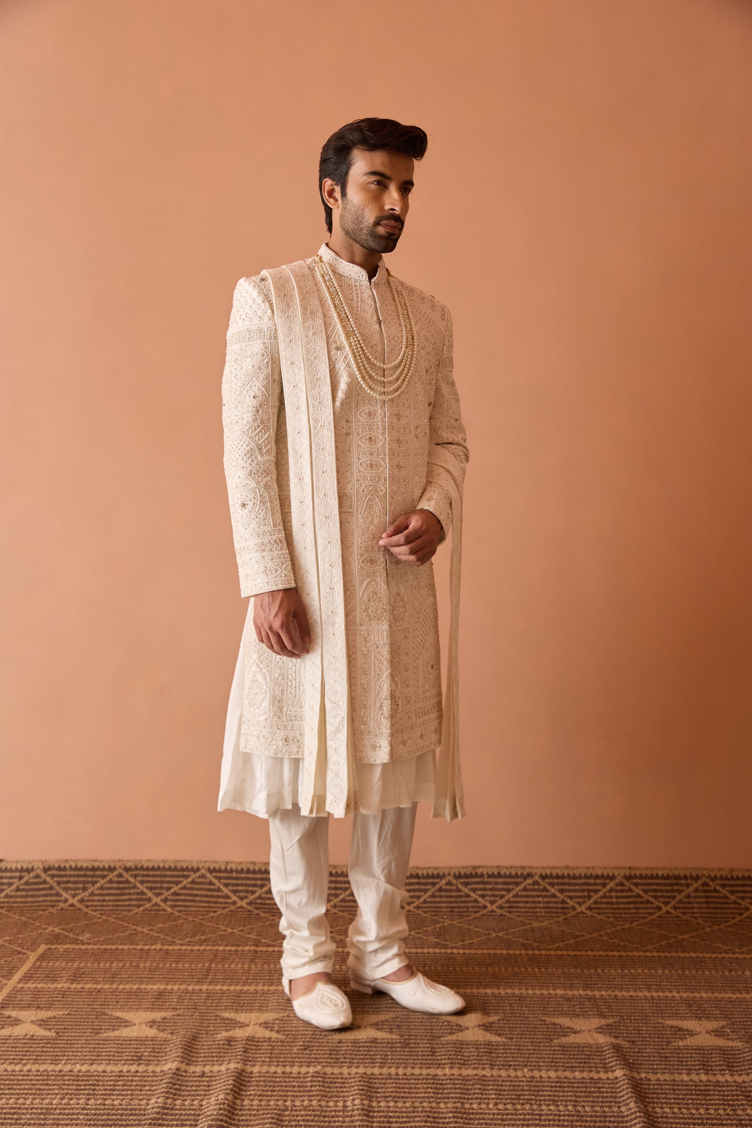 Ivory Sherwani In Thread Work