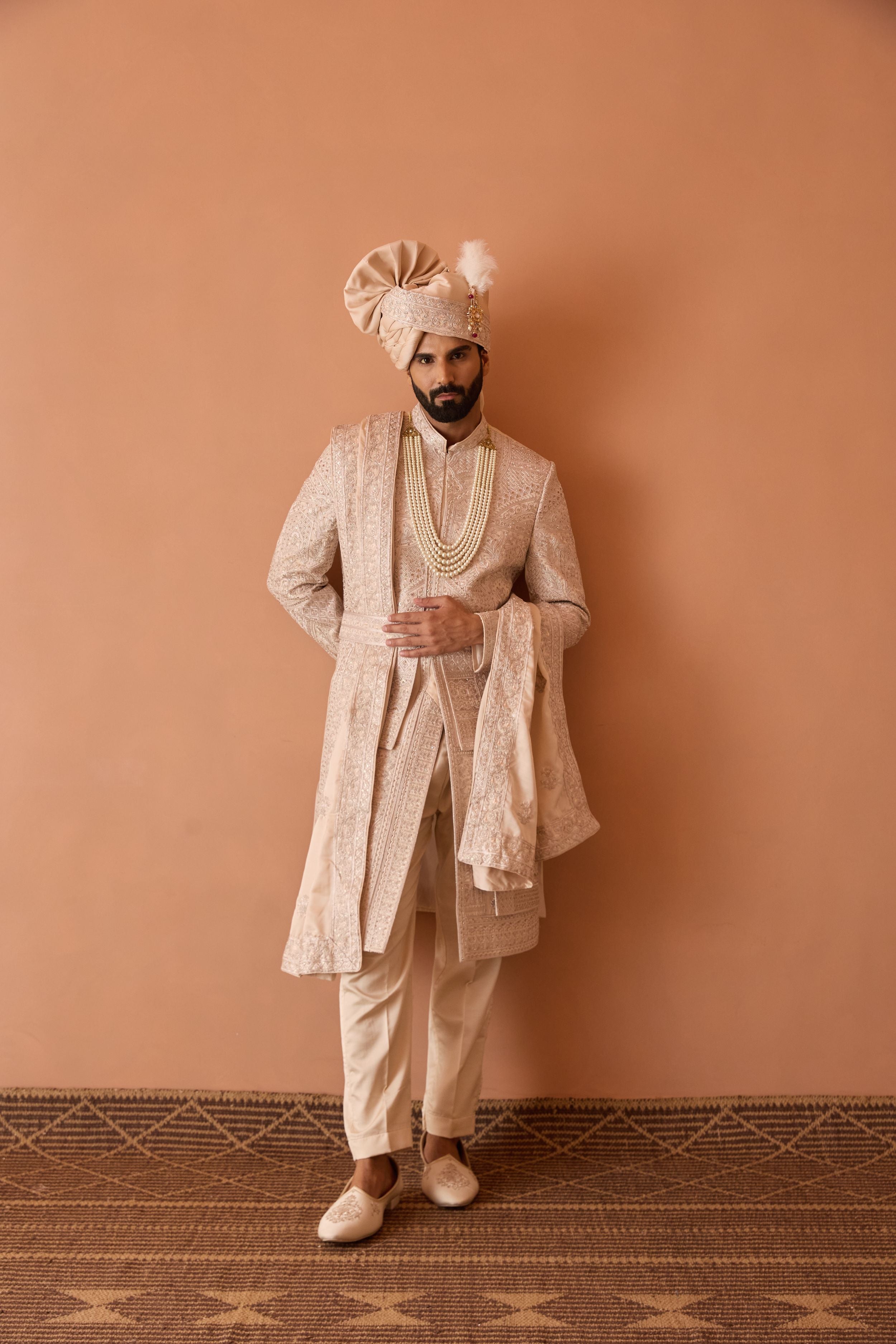 Peach Embroidered Sherwani