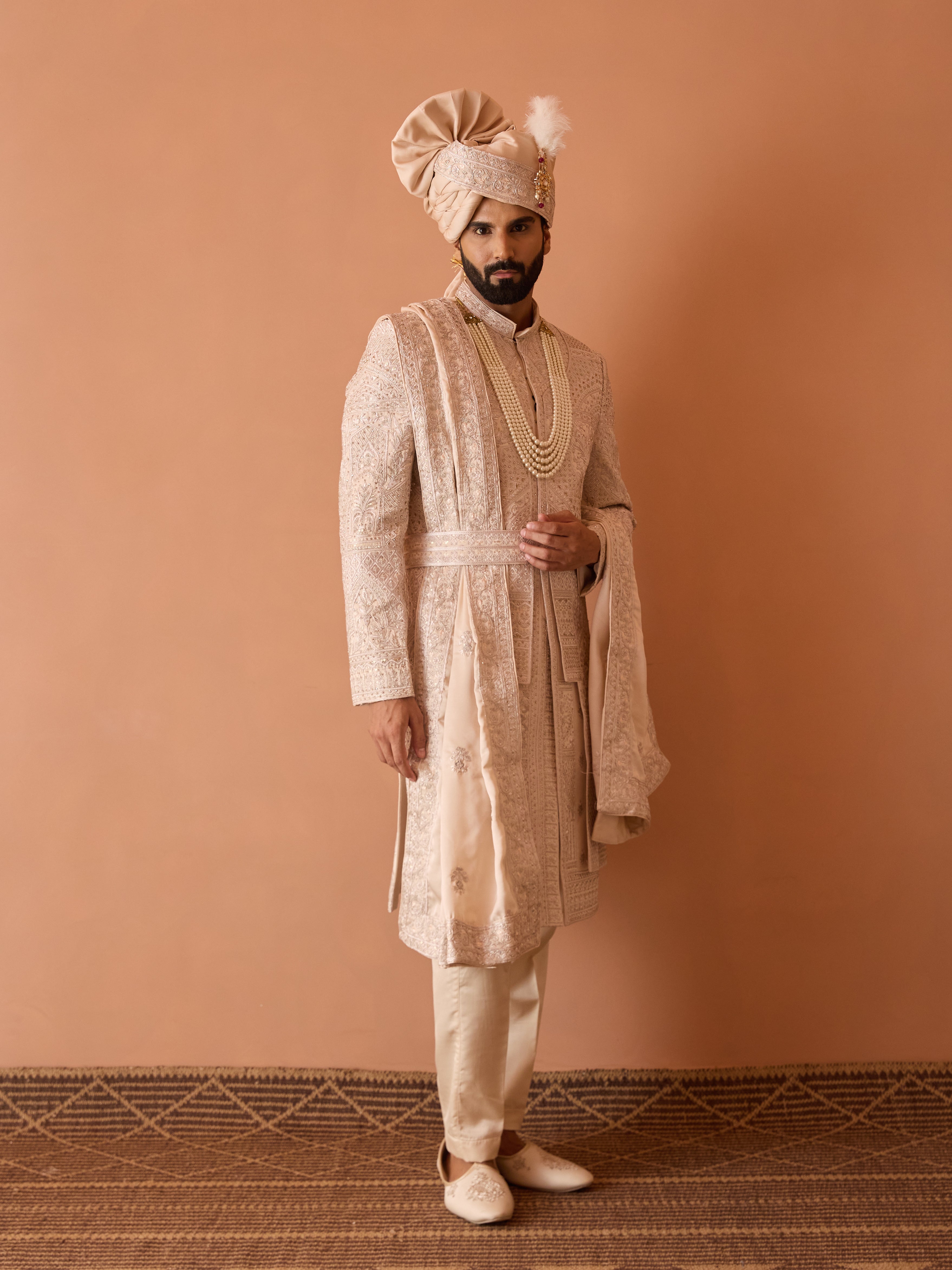 Peach Embroidered Sherwani