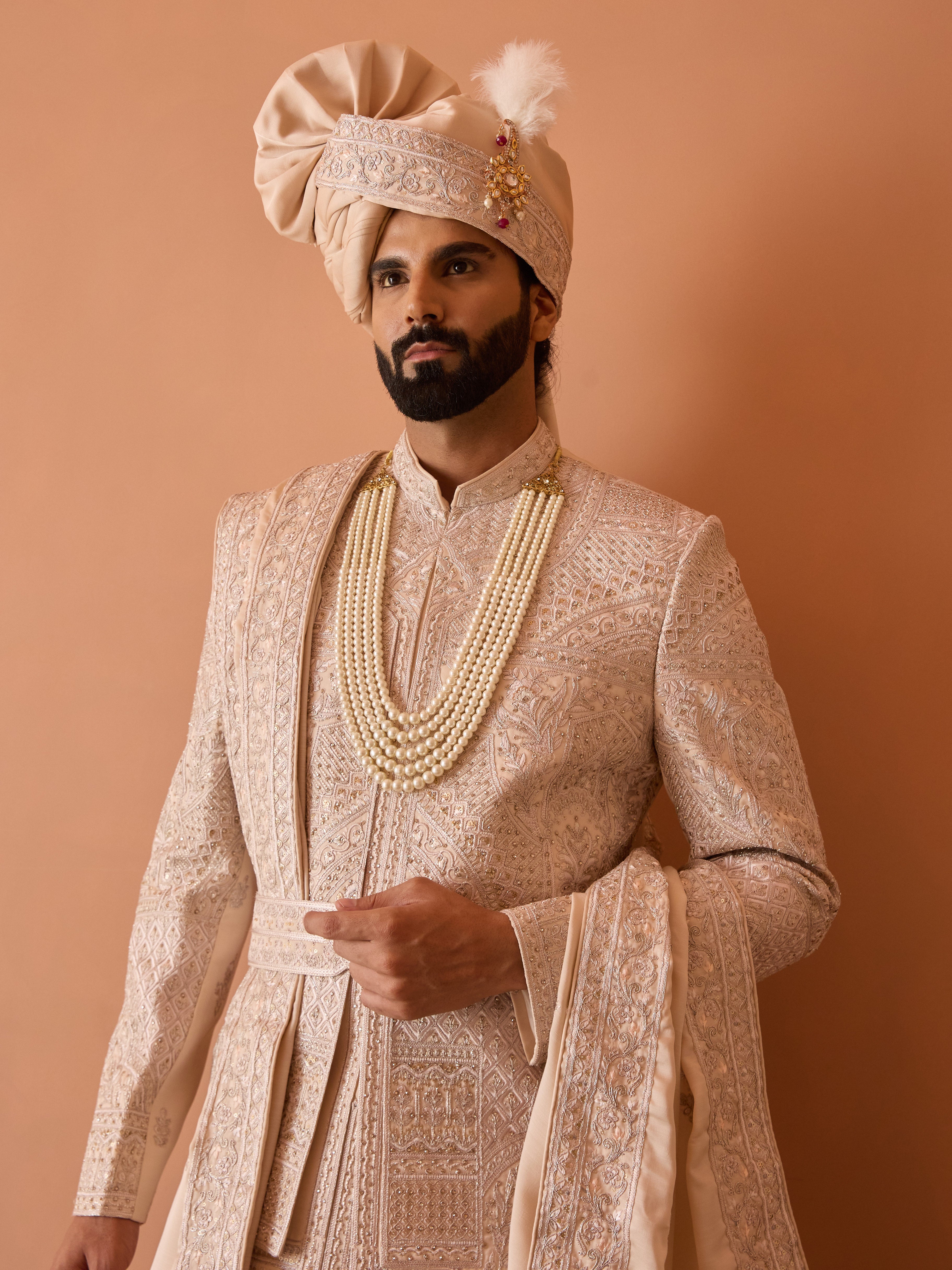 Peach Embroidered Sherwani