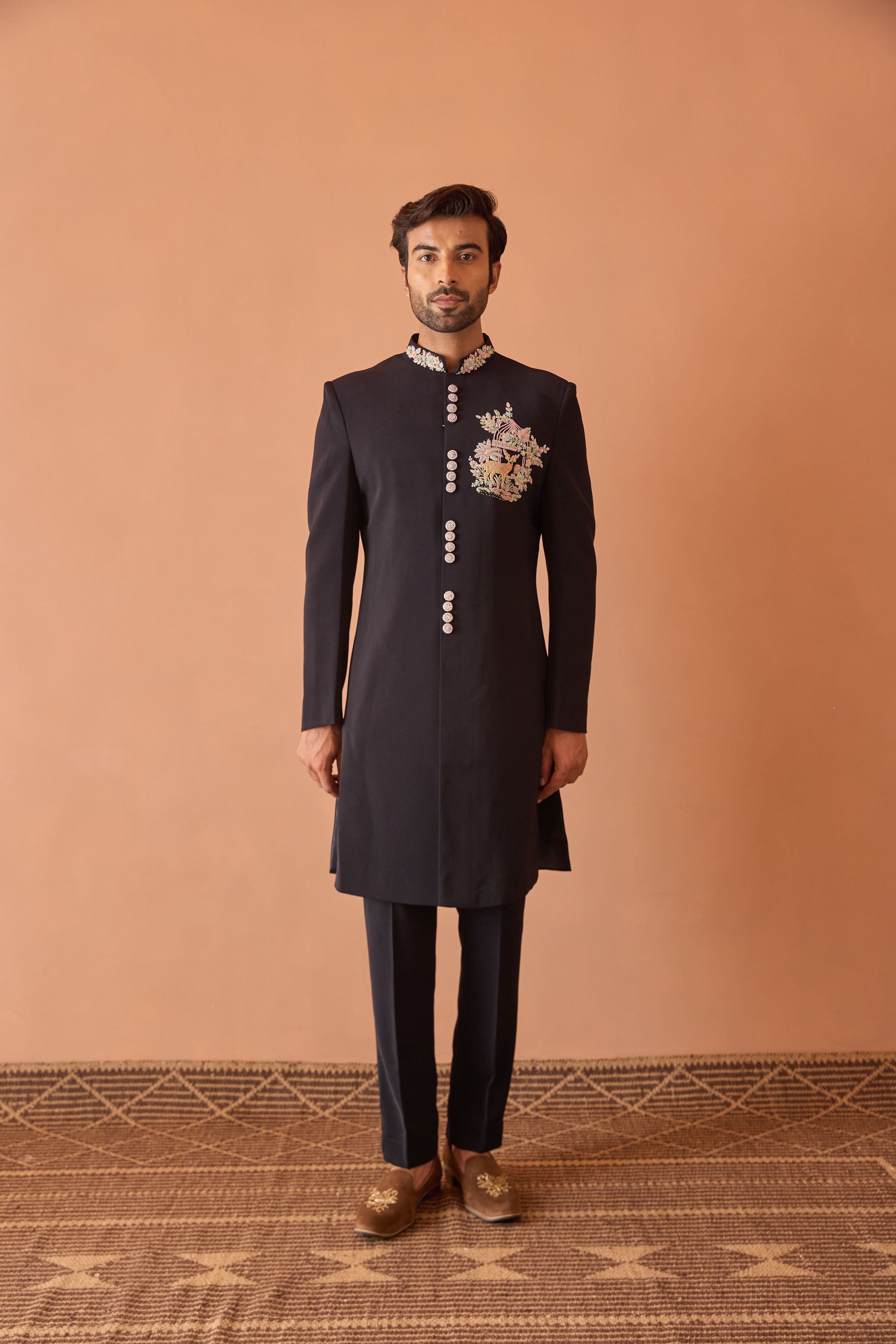 Blue Indo-Western with Thread work and Sequins highlights