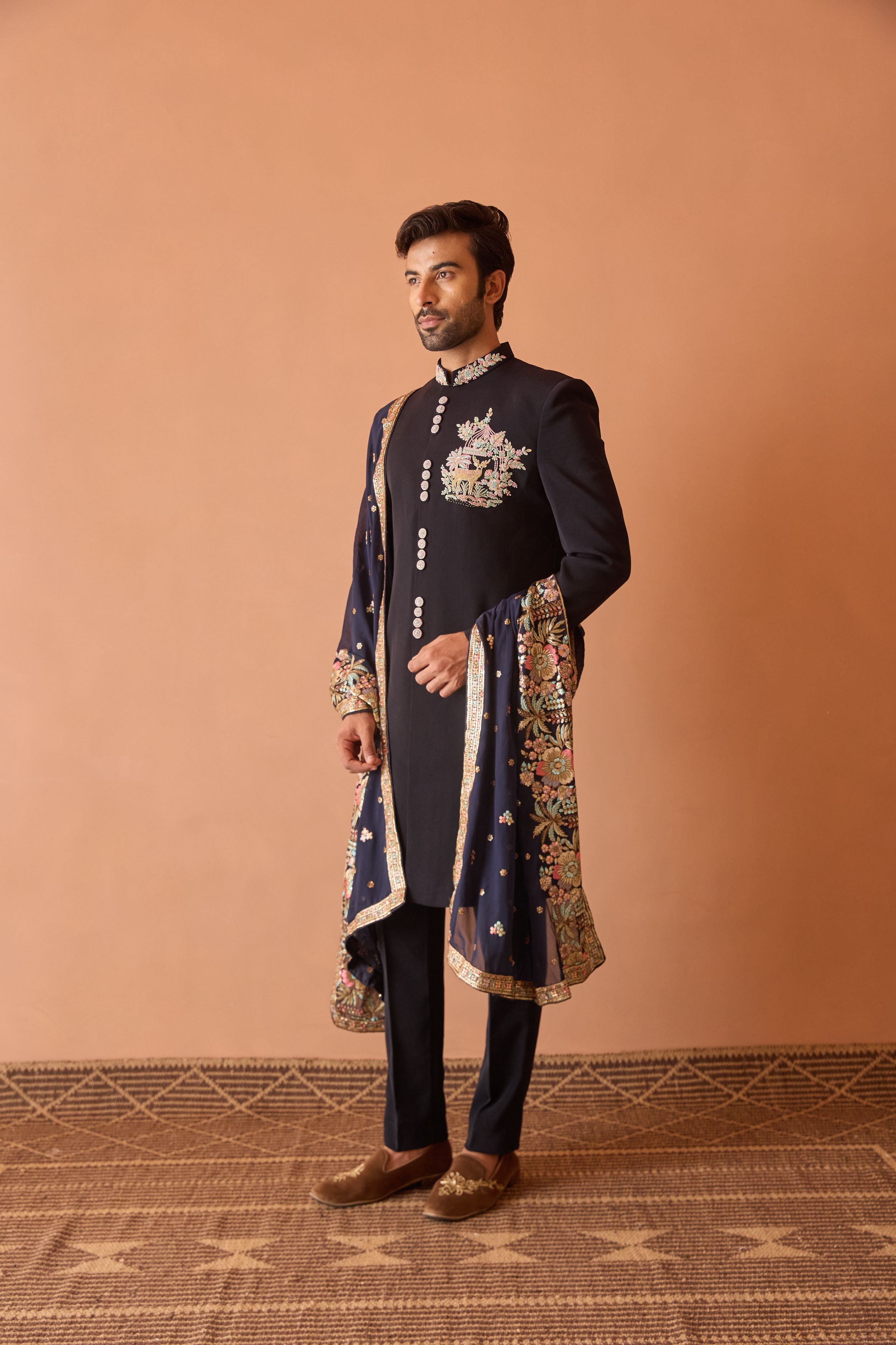 Blue Indo-Western with Thread work and Sequins highlights