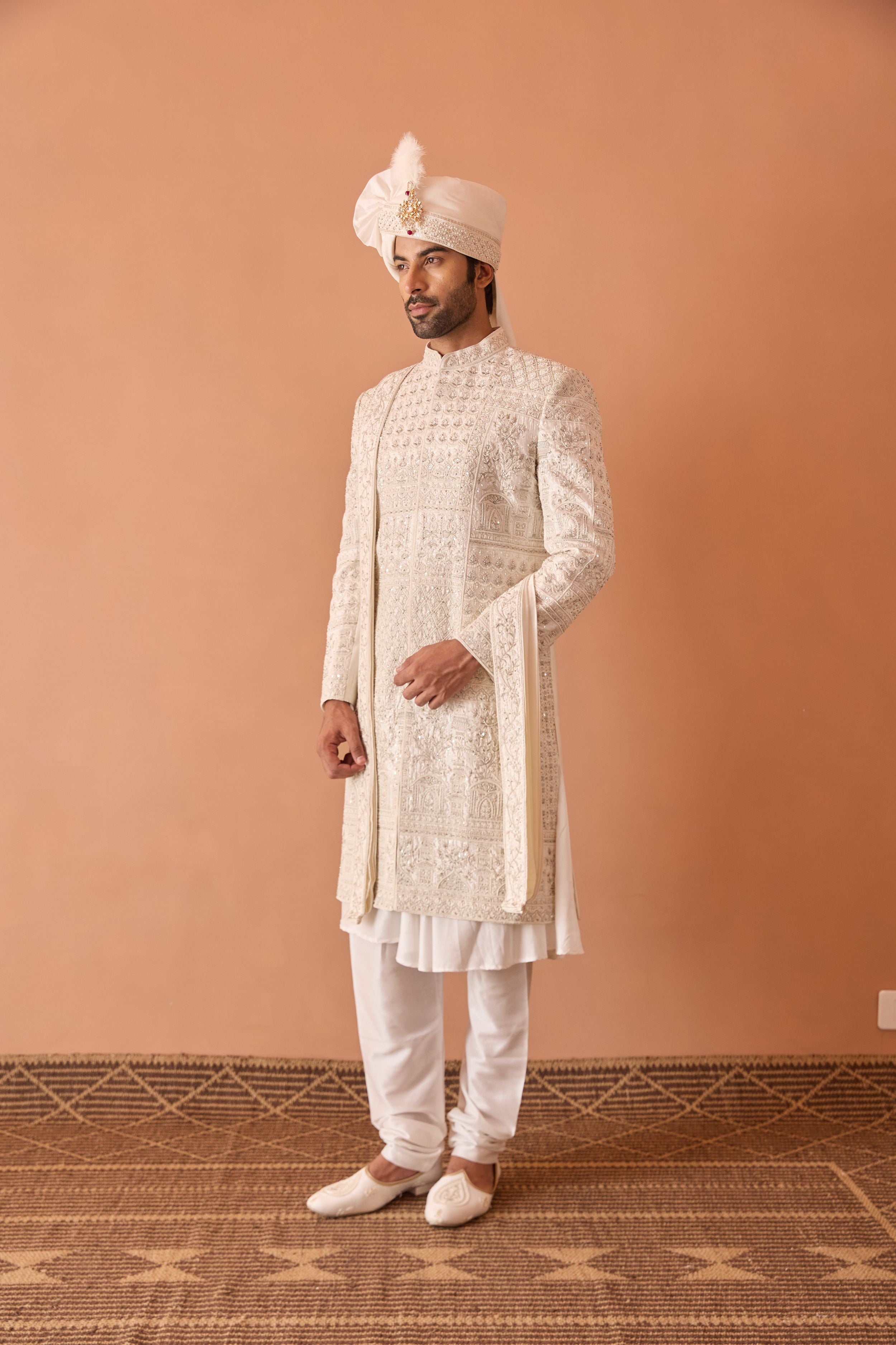 Ivory Sherwani in Cutdana & Thread Work