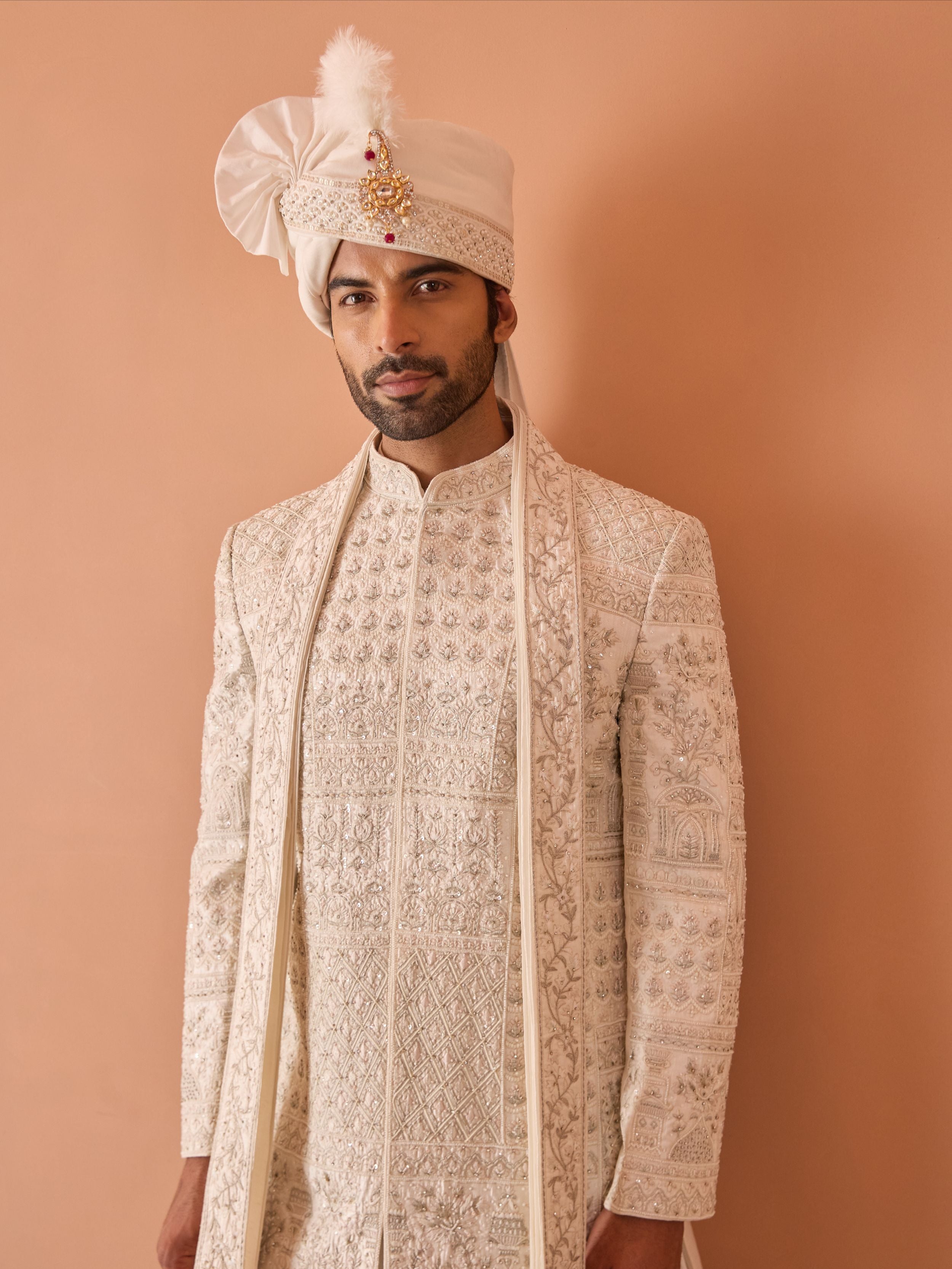 Ivory Sherwani in Cutdana & Thread Work