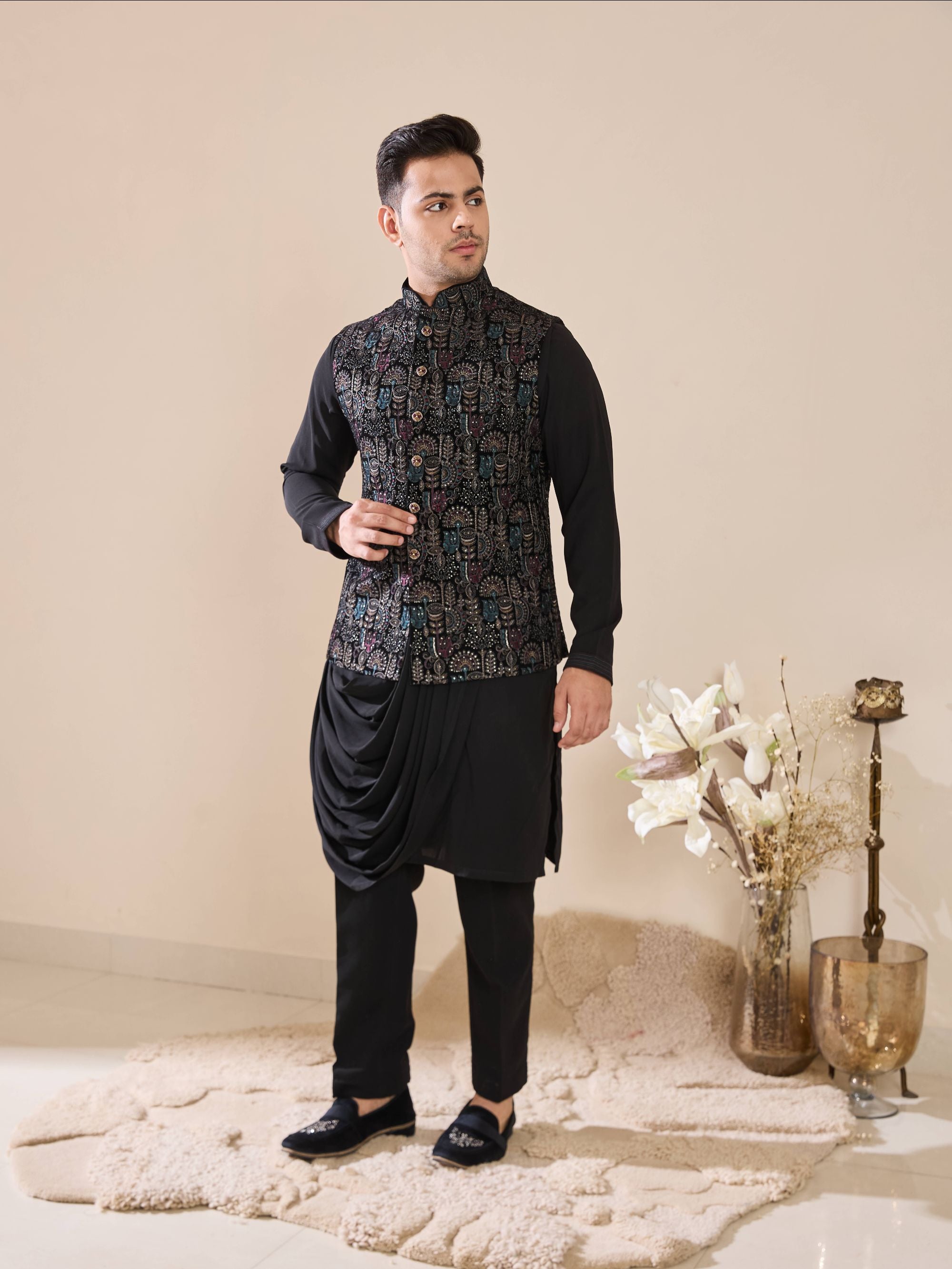 Black Multi Colored Embroidered Drape Kurta Set