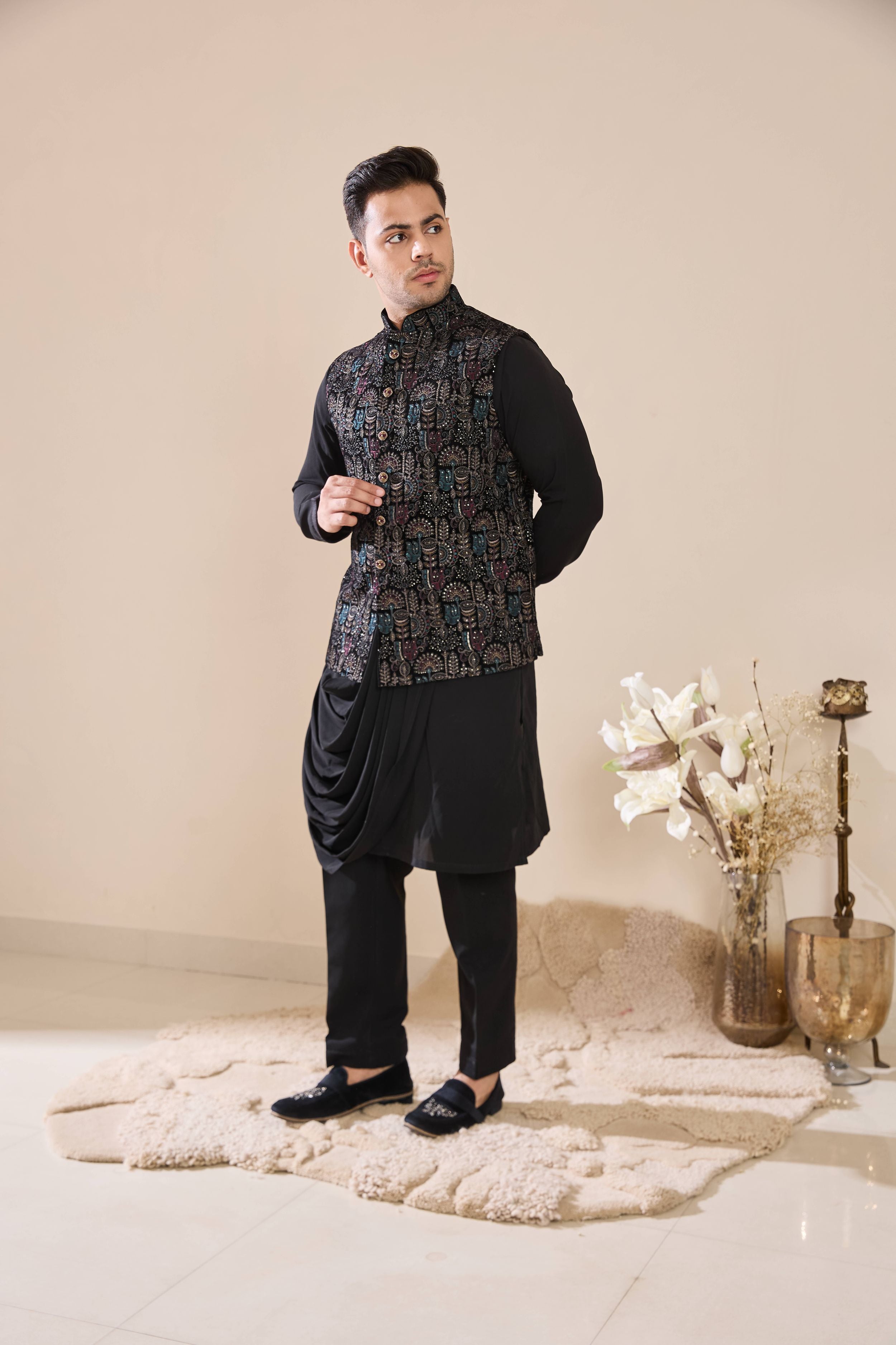 Black Multi Colored Embroidered Drape Kurta Set