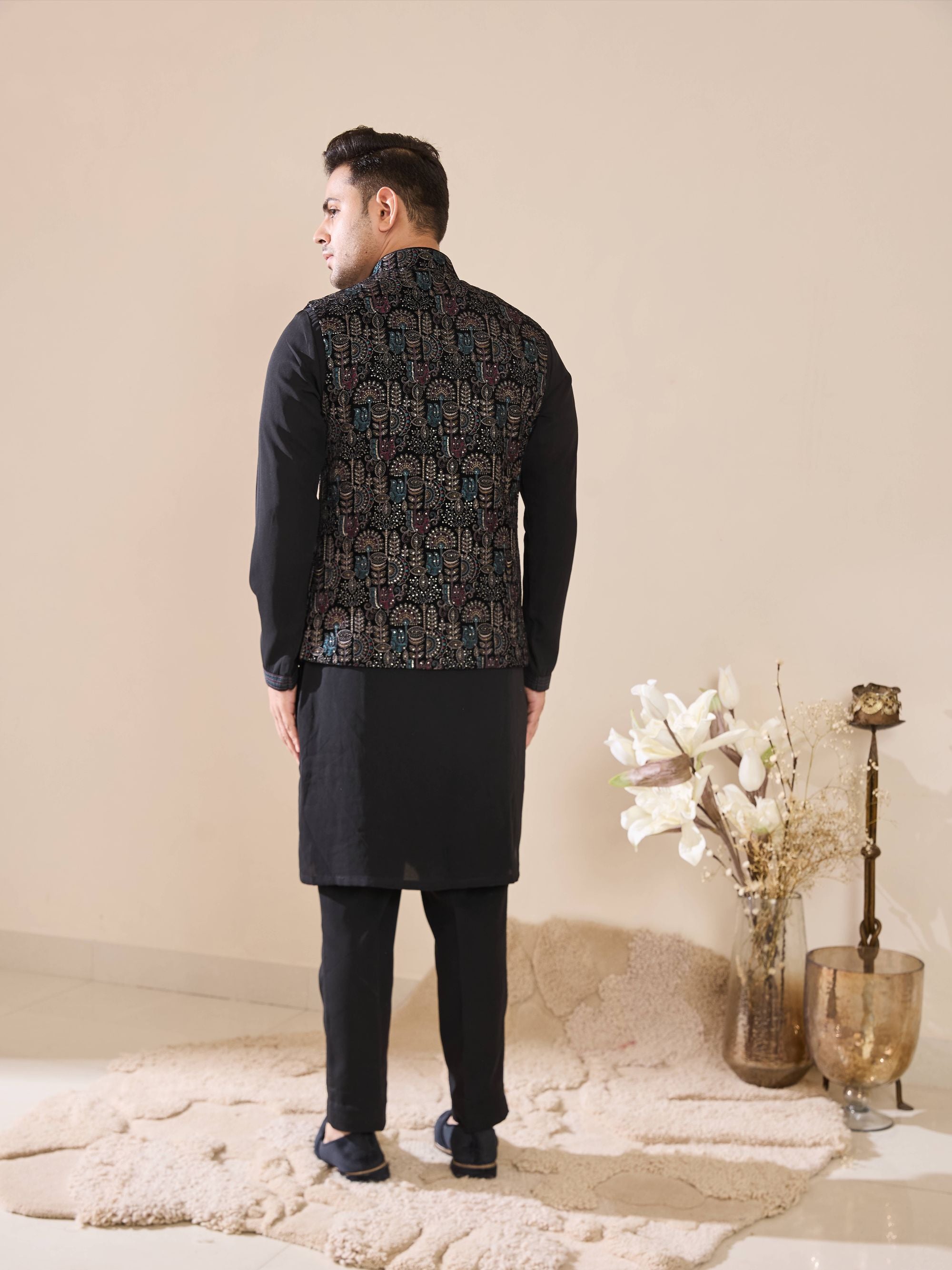 Black Multi Colored Embroidered Drape Kurta Set