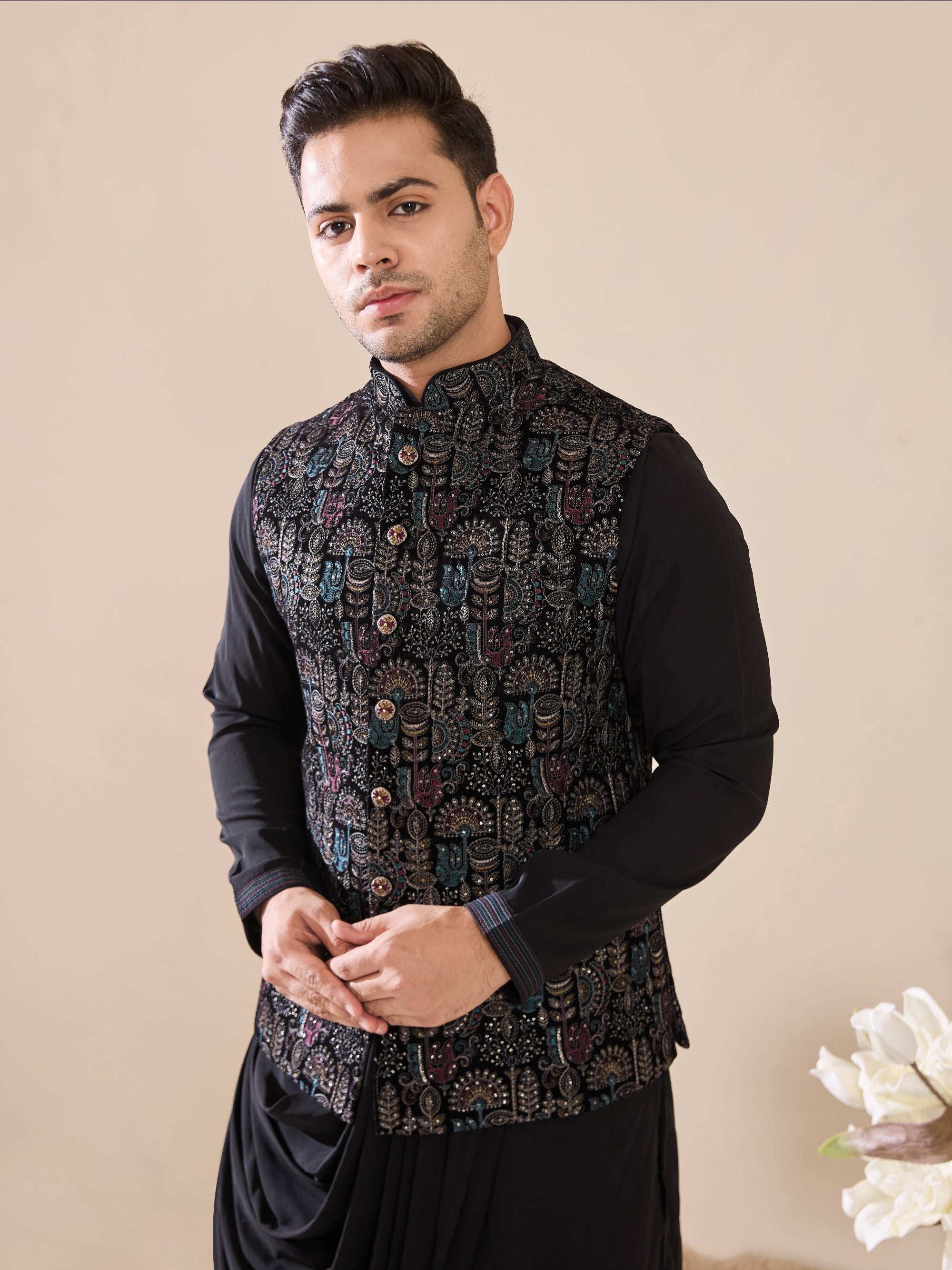 Black Multi Colored Embroidered Drape Kurta Set