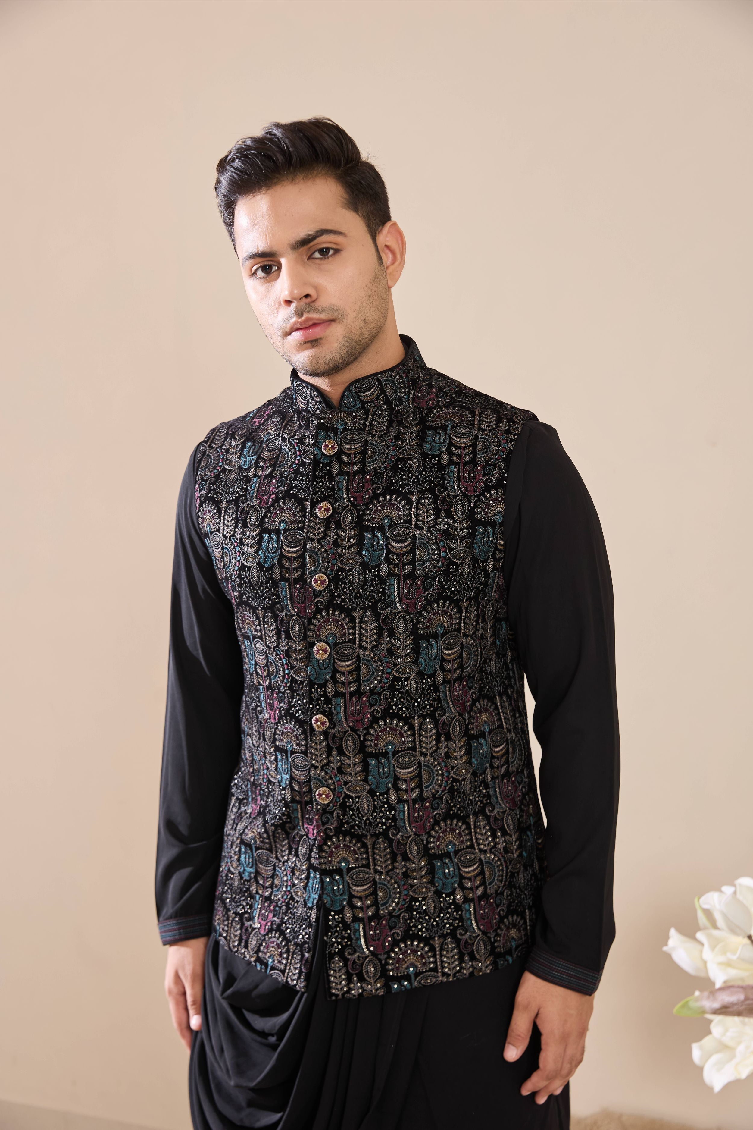 Black Multi Colored Embroidered Drape Kurta Set