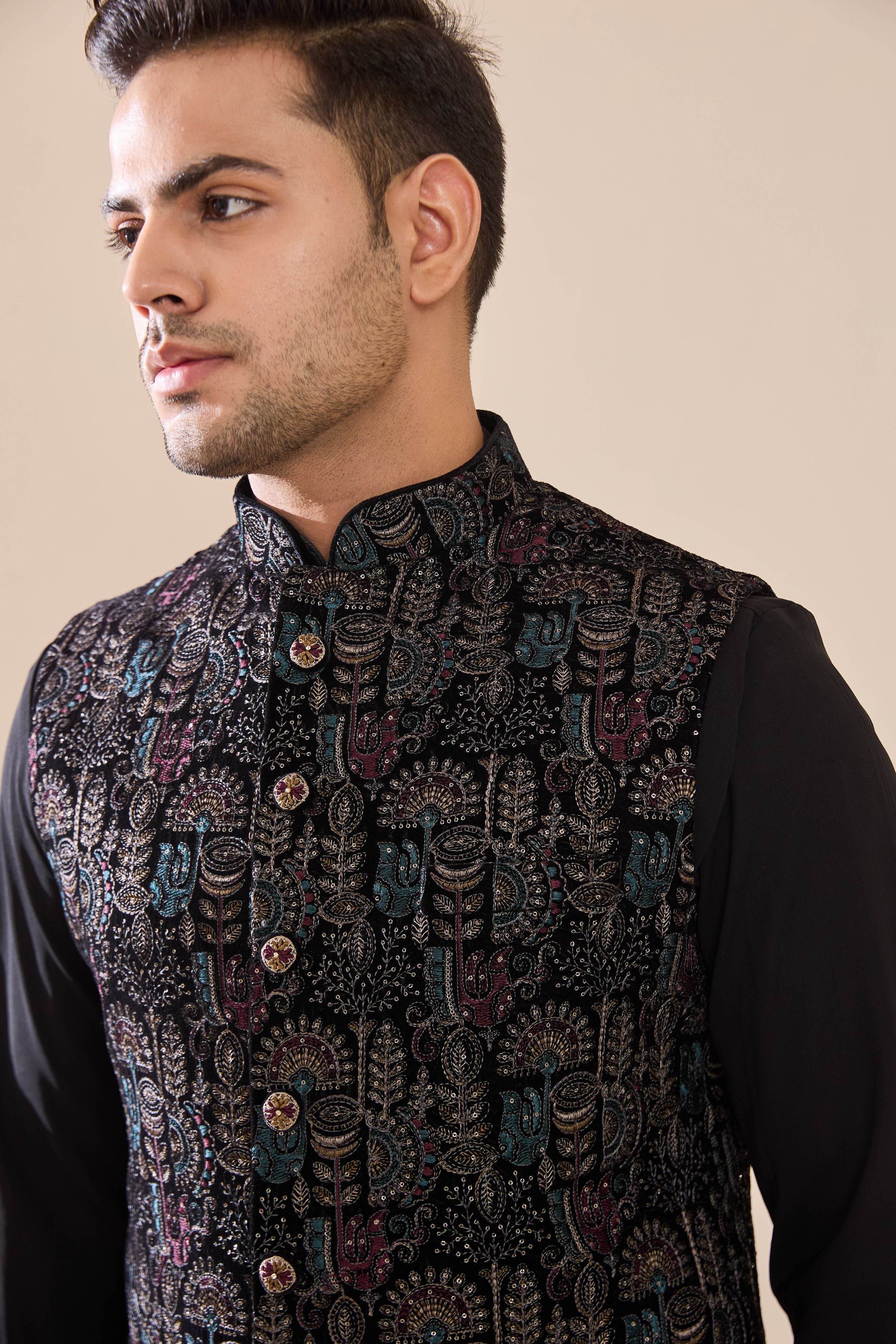 Black Multi Colored Embroidered Drape Kurta Set