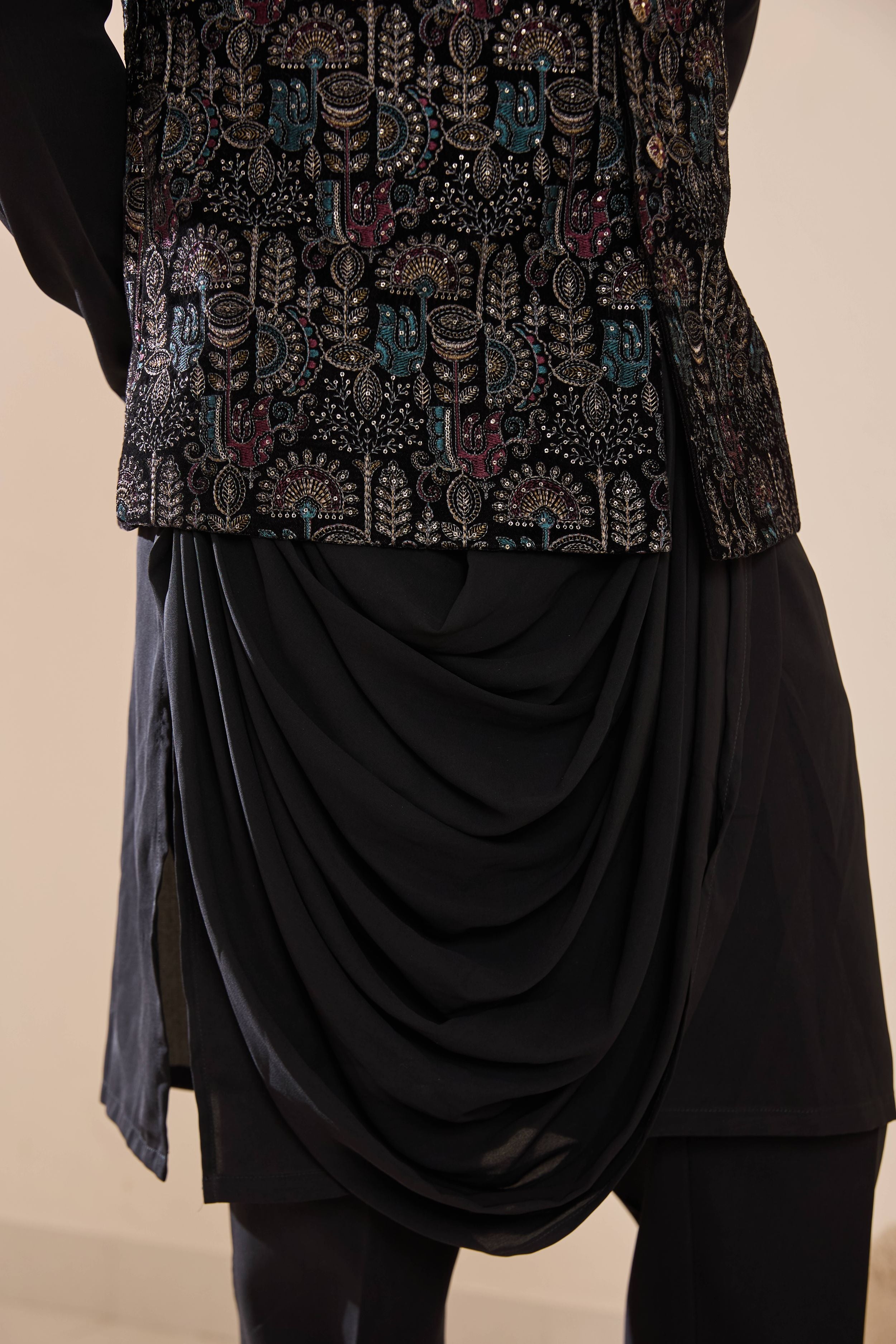 Black Multi Colored Embroidered Drape Kurta Set