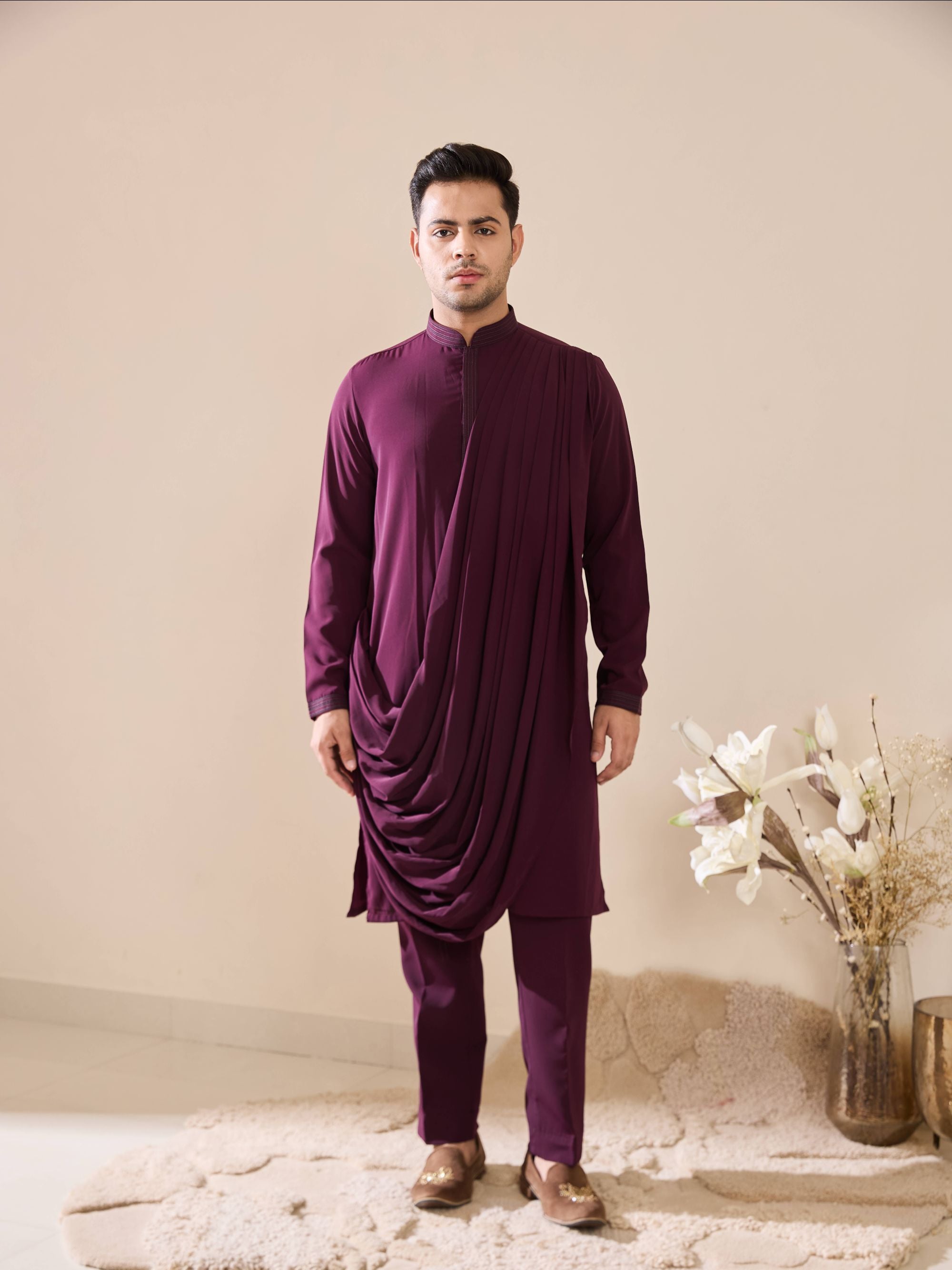 Wine Embroidered Kurta Set