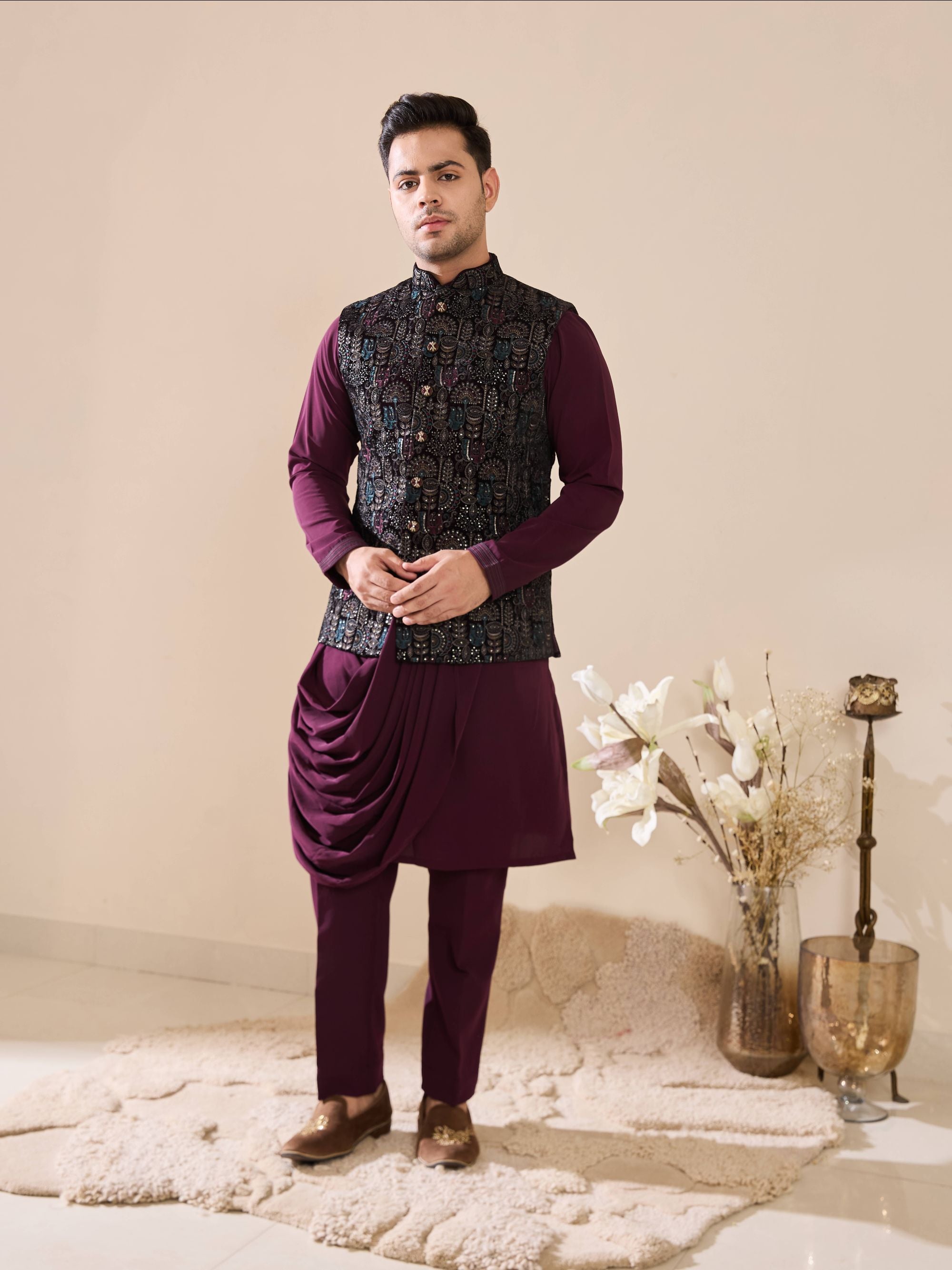 Wine Embroidered Kurta Set