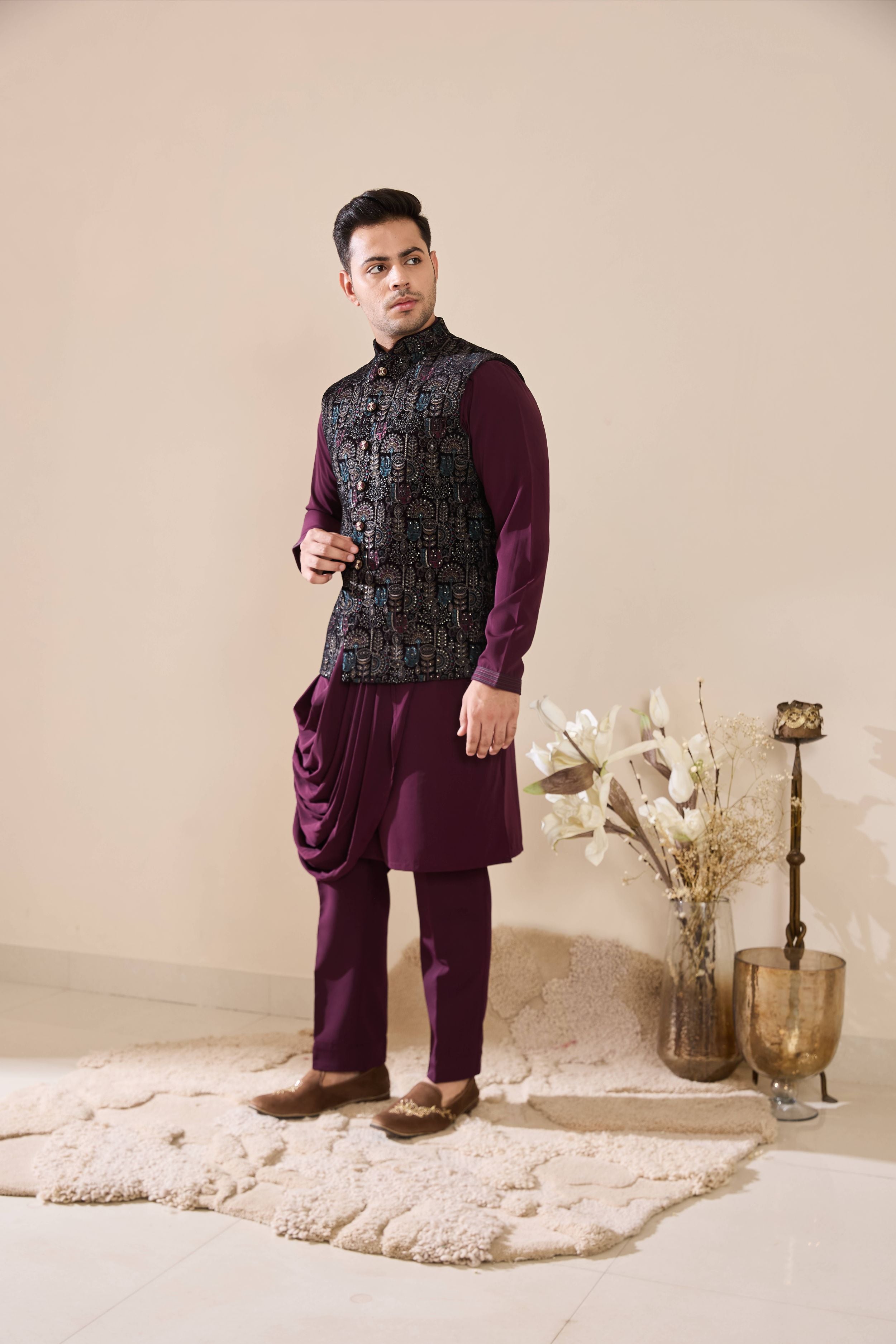 Wine Embroidered Kurta Set