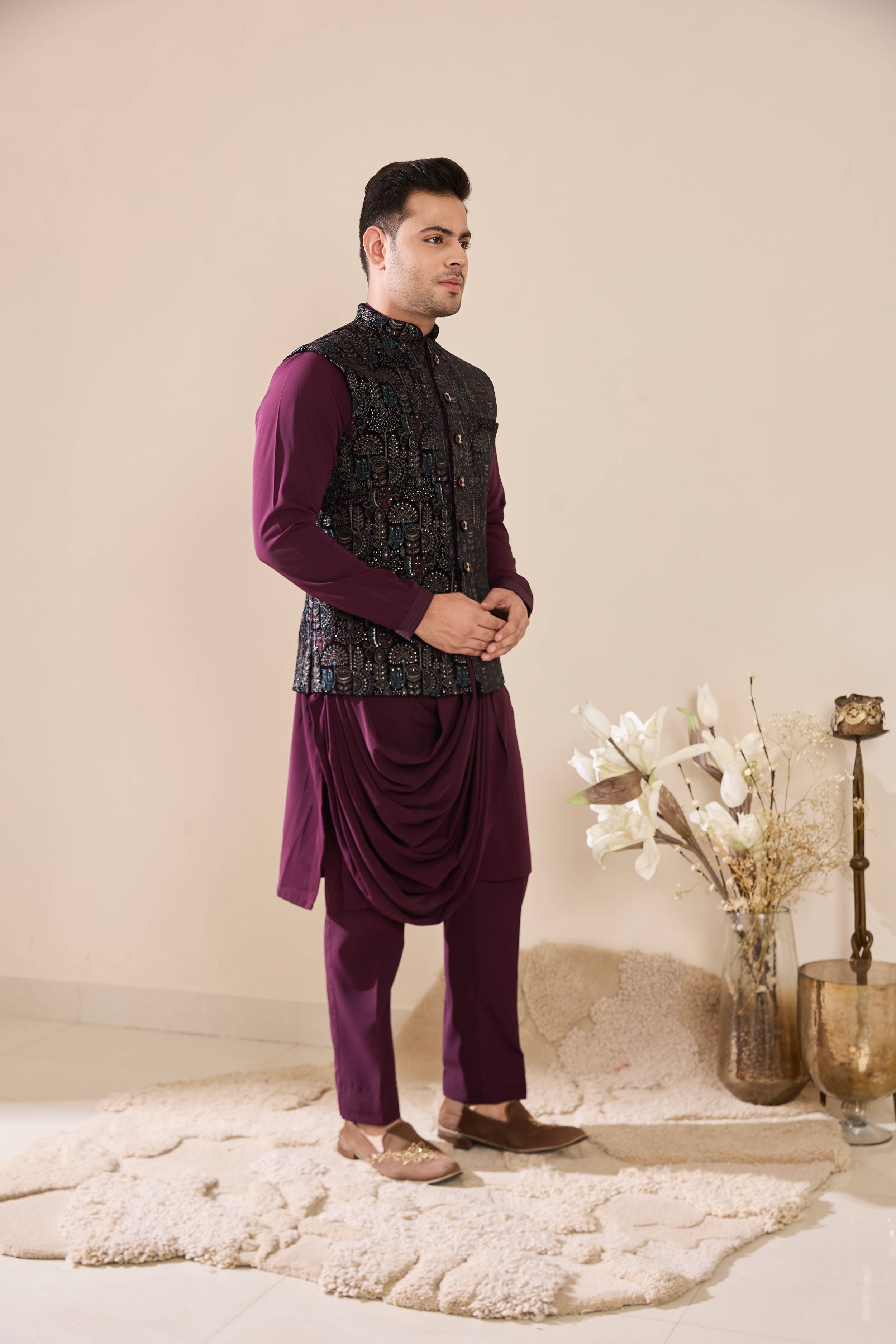 Wine Embroidered Kurta Set