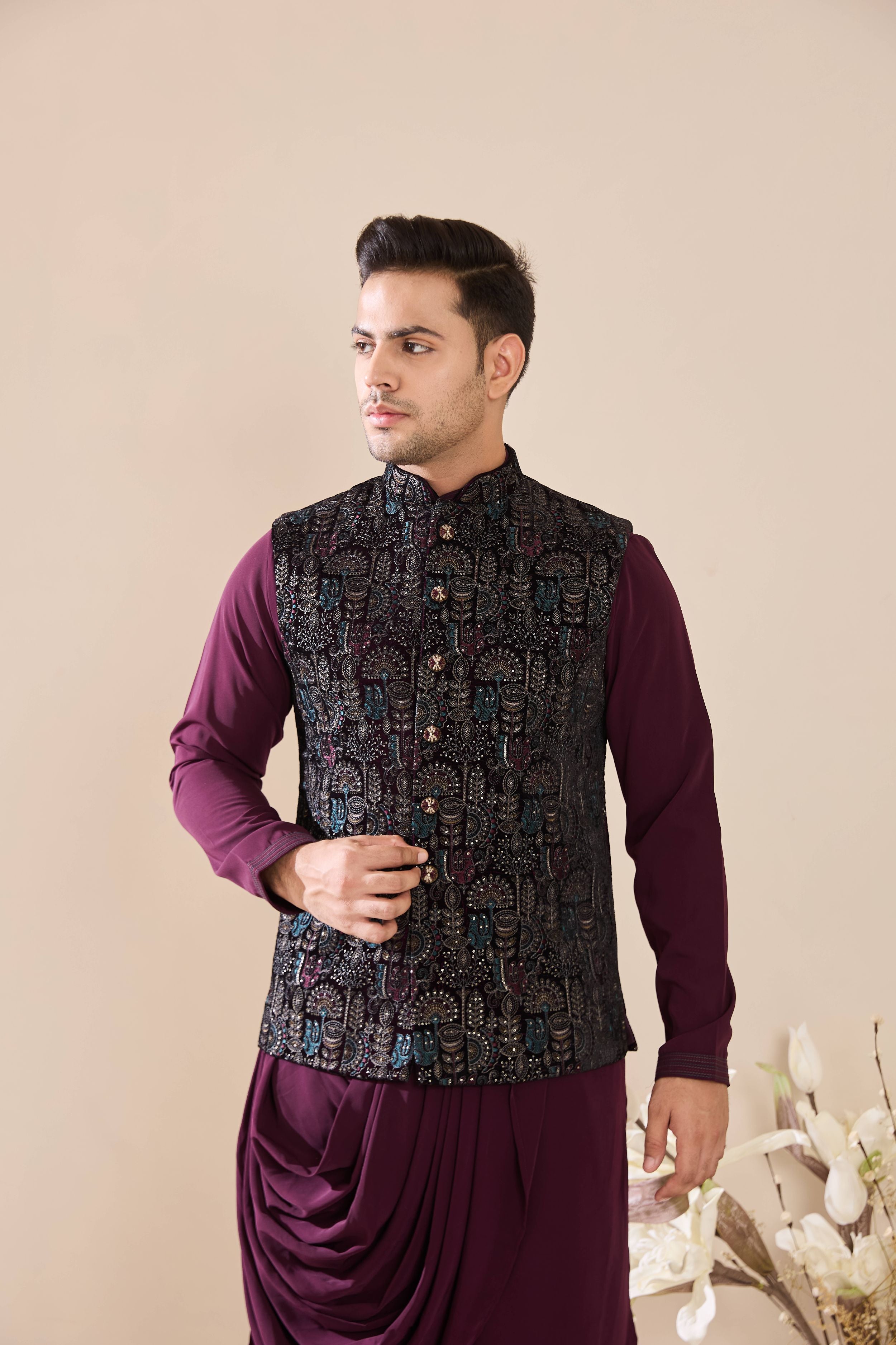 Wine Embroidered Kurta Set