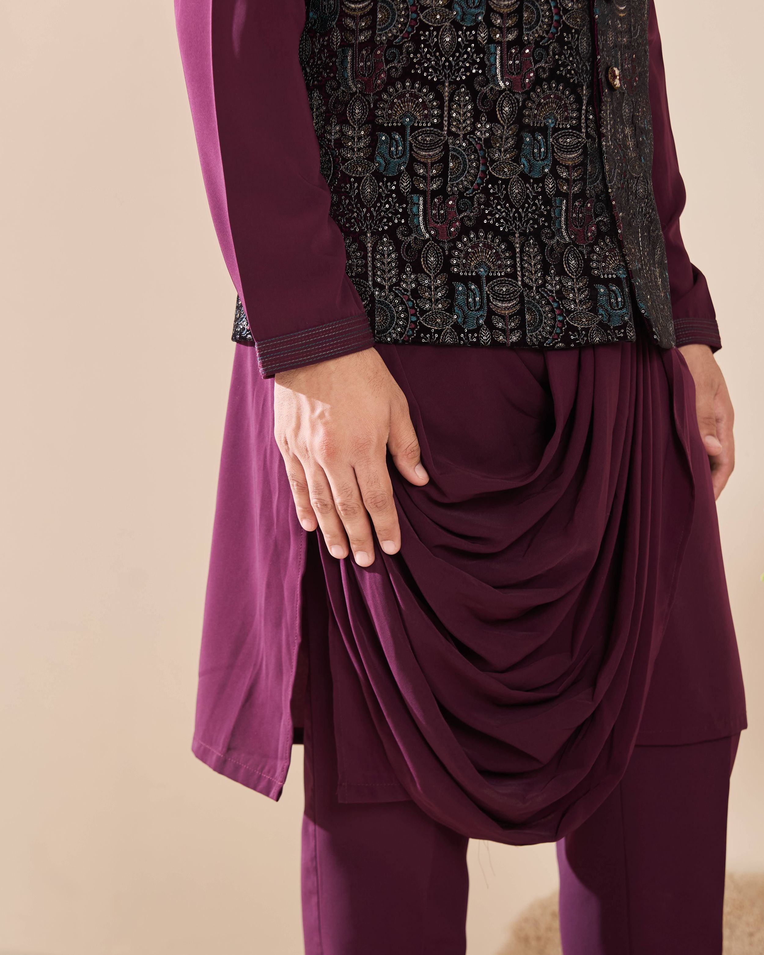 Wine Embroidered Kurta Set
