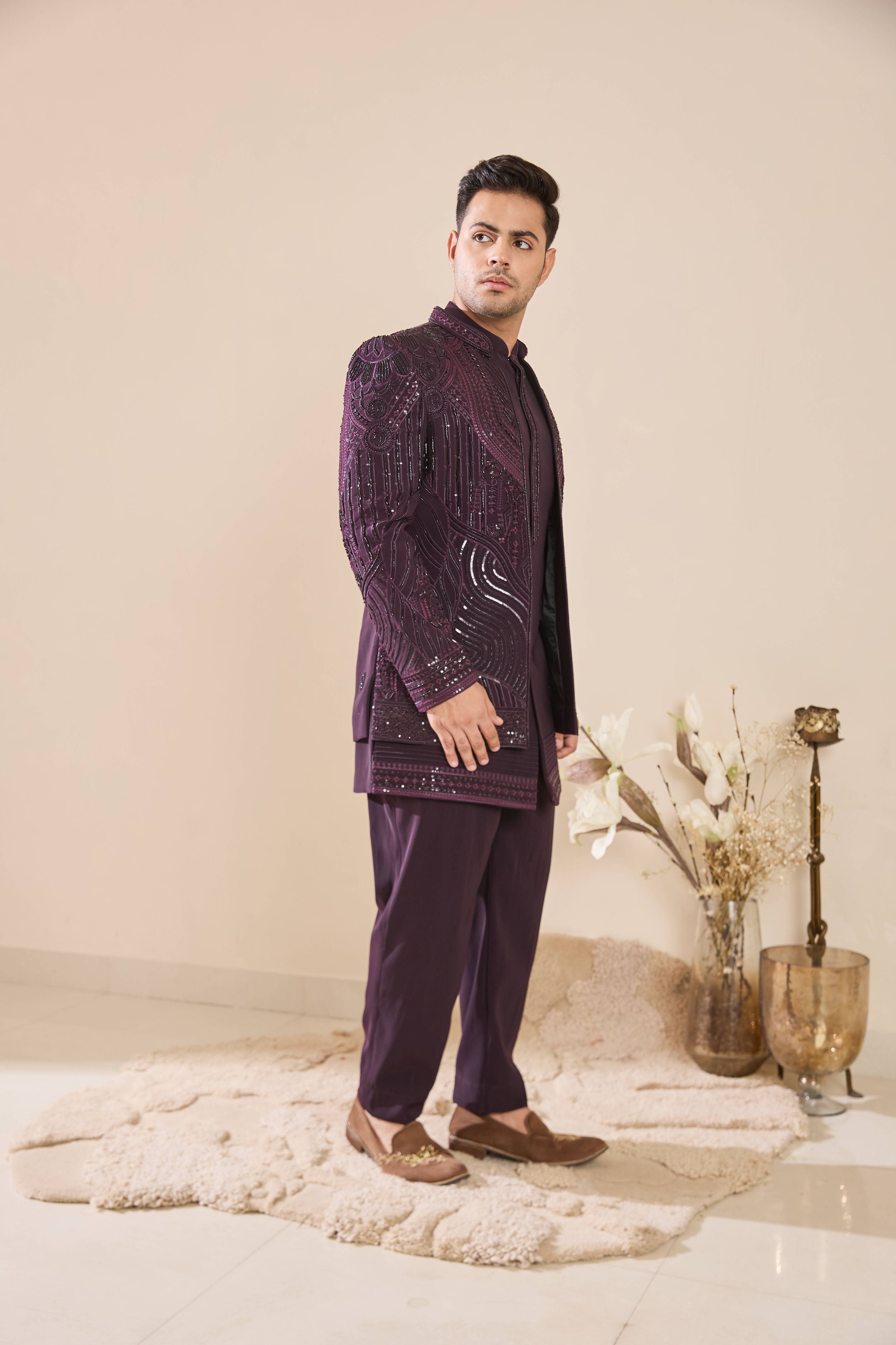 Dark Purple Hand Embroidered Beadwork  Indo-Western