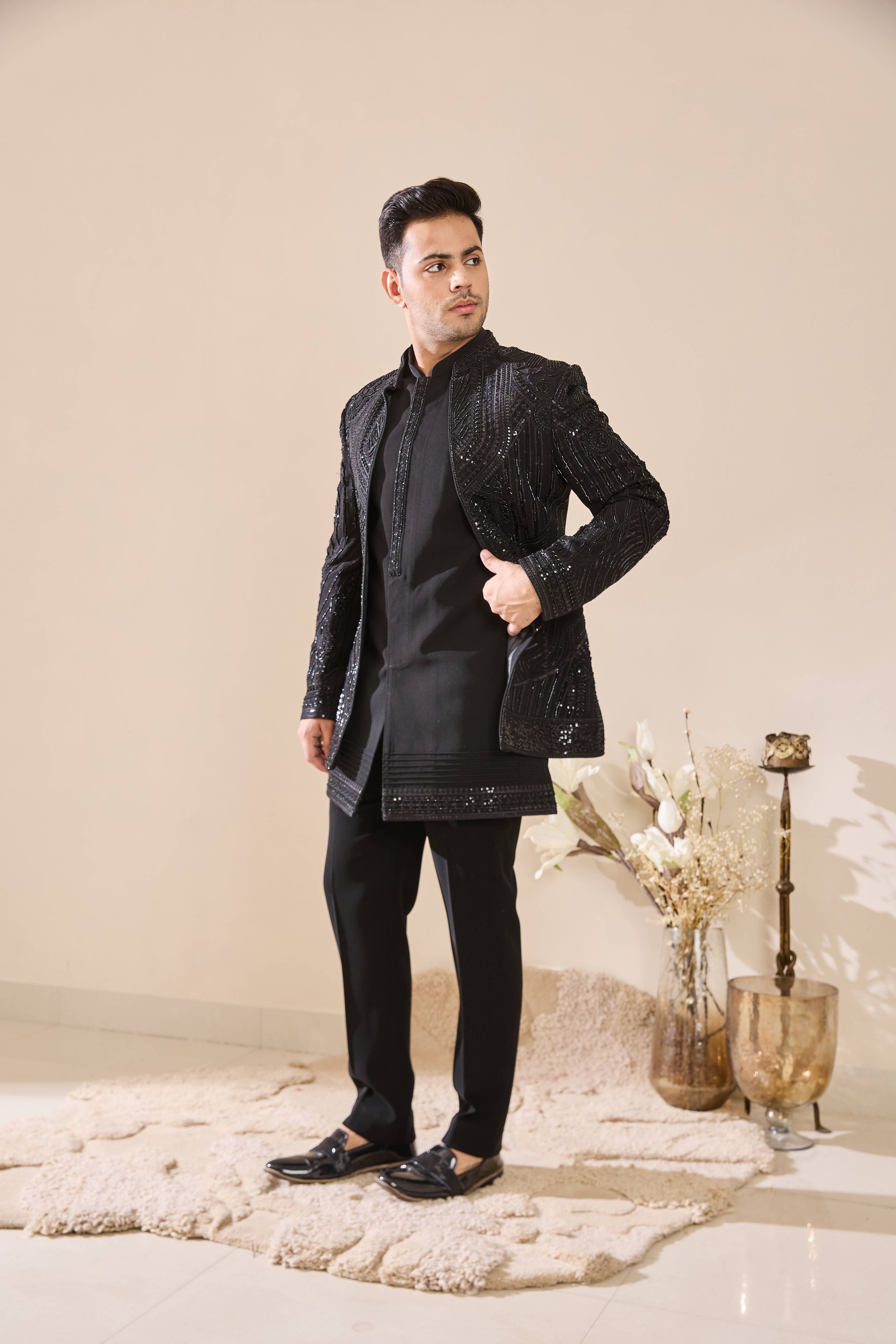 Black Indo-Western with All-Over Beads Work