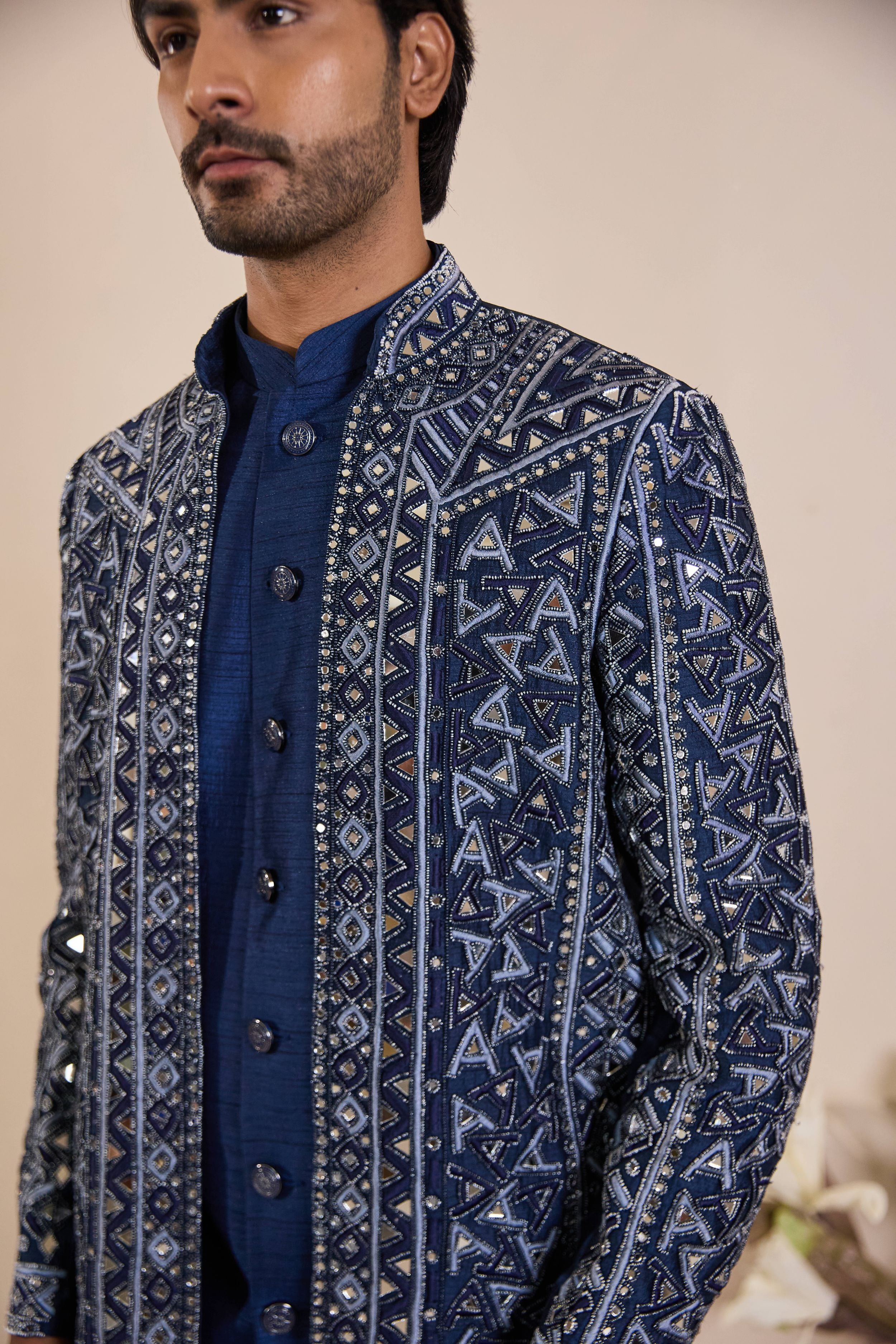 Blue Indo-Western in Beads and mirror Work