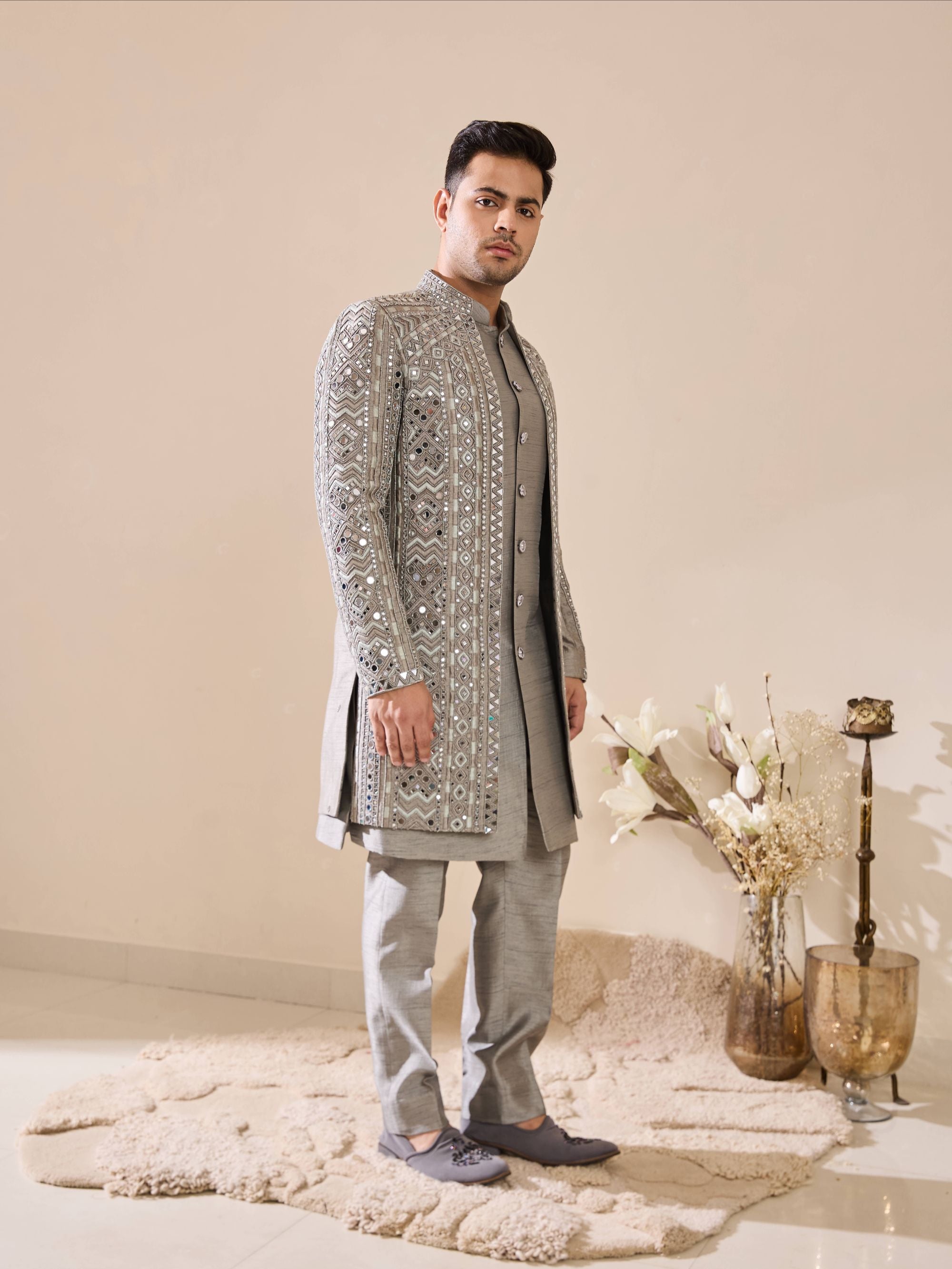 Grey Indo-Western in Beads and mirror Work