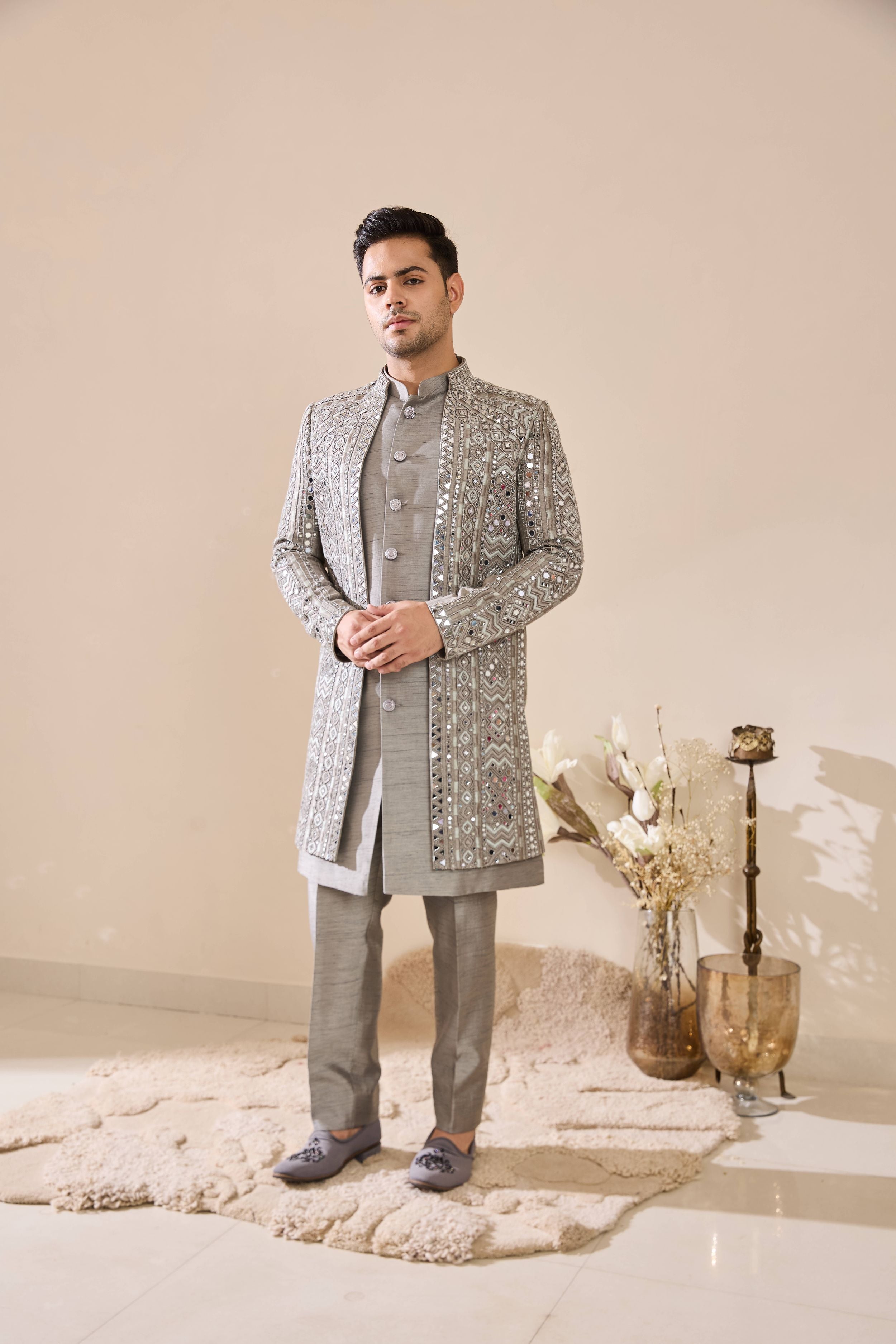 Grey Indo-Western in Beads and mirror Work