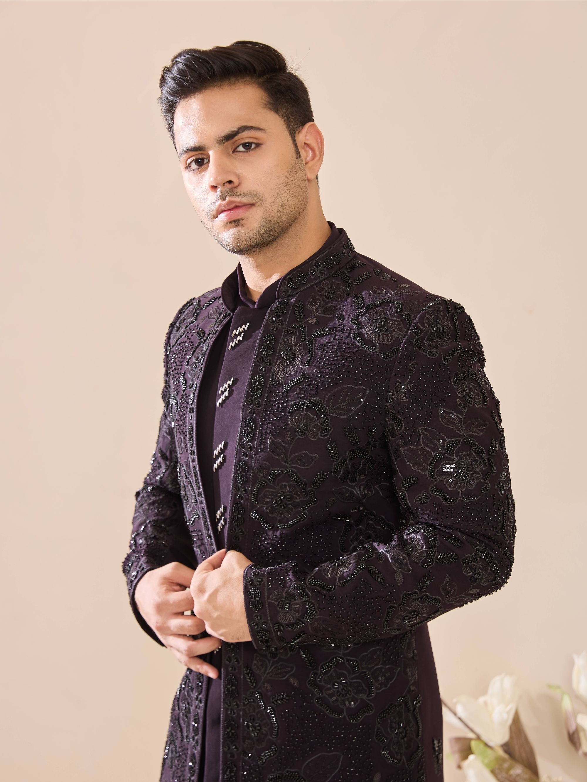 Wine Indo-Western with Beads Work