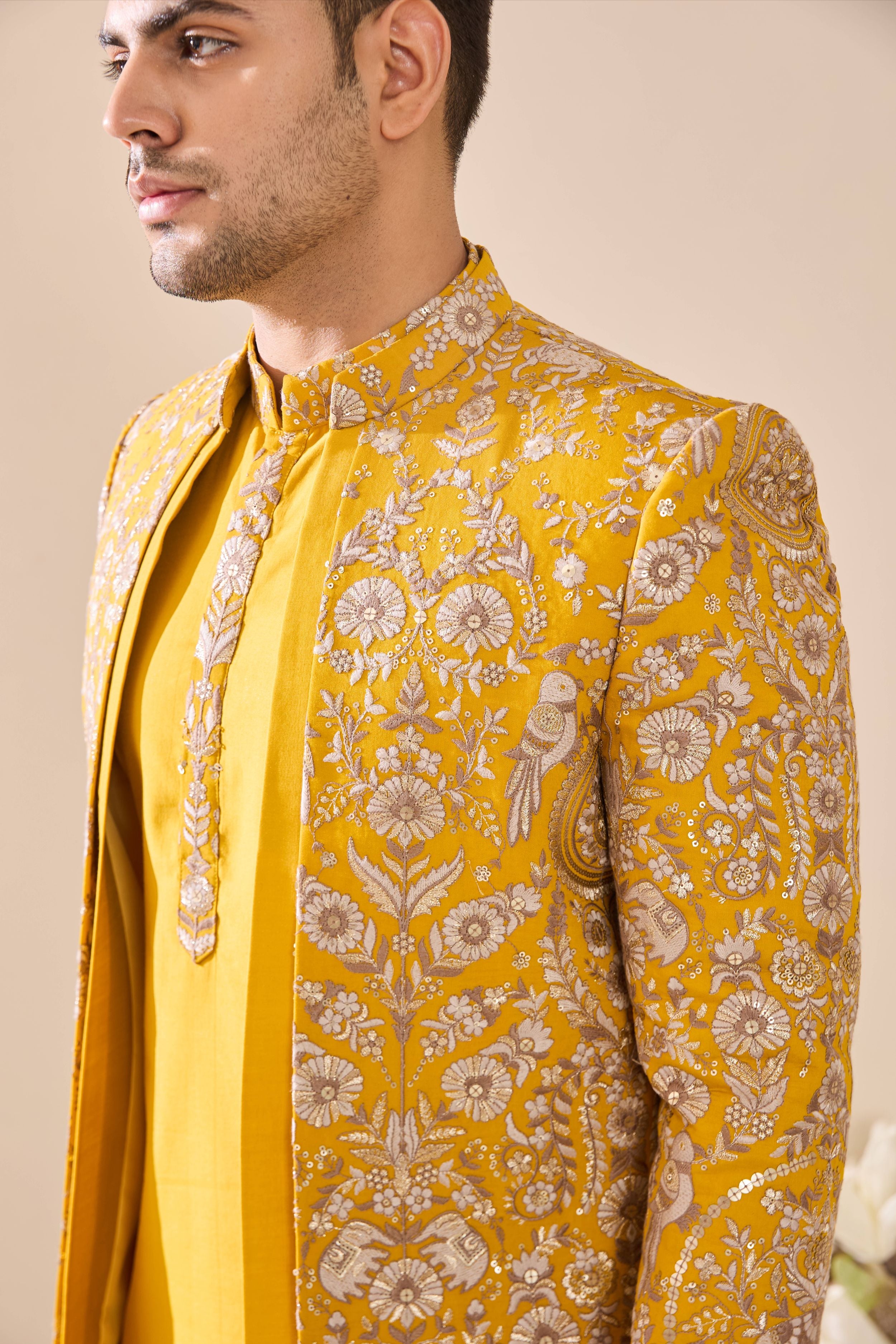 Bright yellow Embroidered  Indo-Western With Hand Highlights