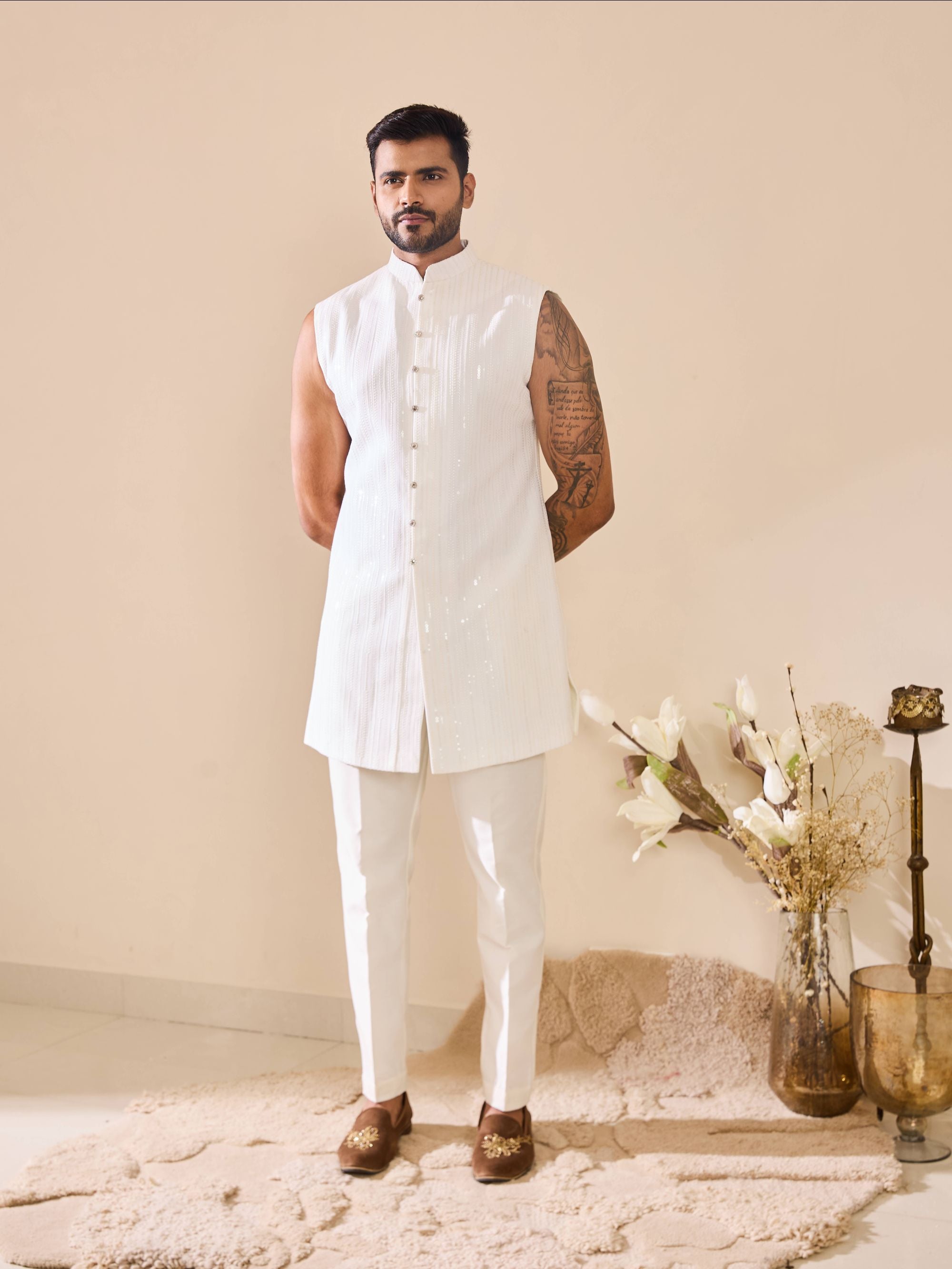 White and Yellow Embroidered Indo-Western In Thread work with Sequins Highlights