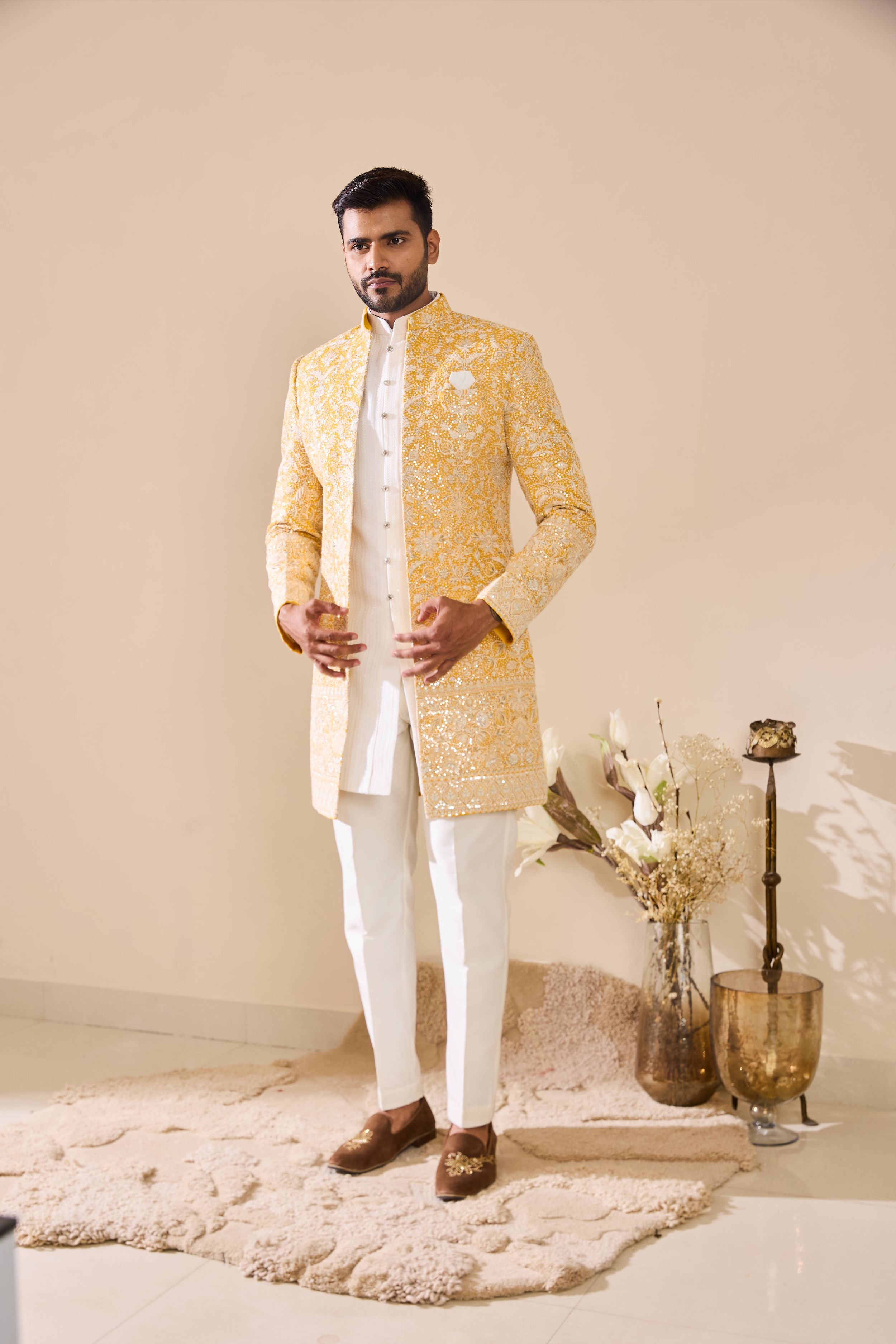White and Yellow Embroidered Indo-Western In Thread work with Sequins Highlights