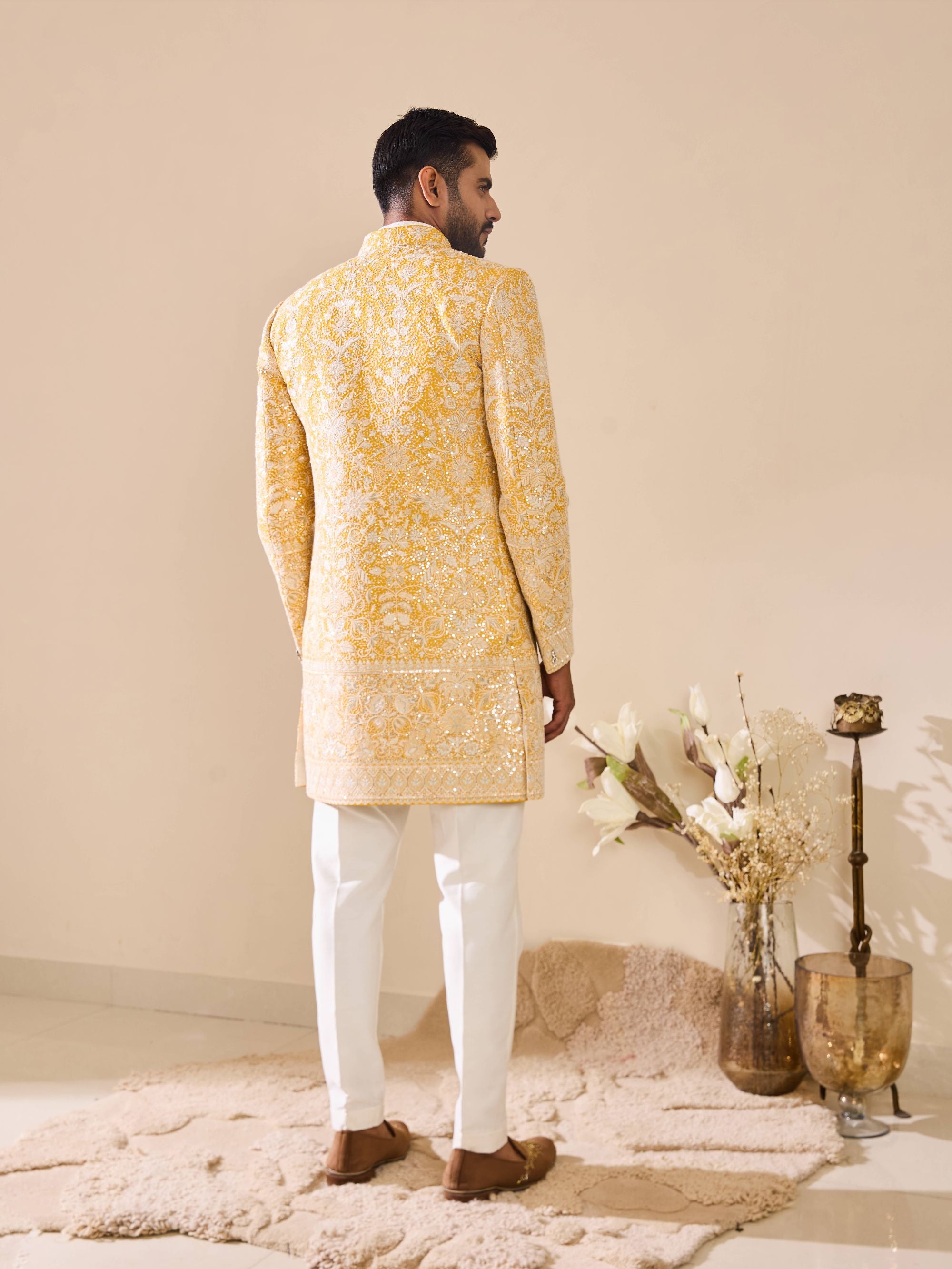 White and Yellow Embroidered Indo-Western In Thread work with Sequins Highlights