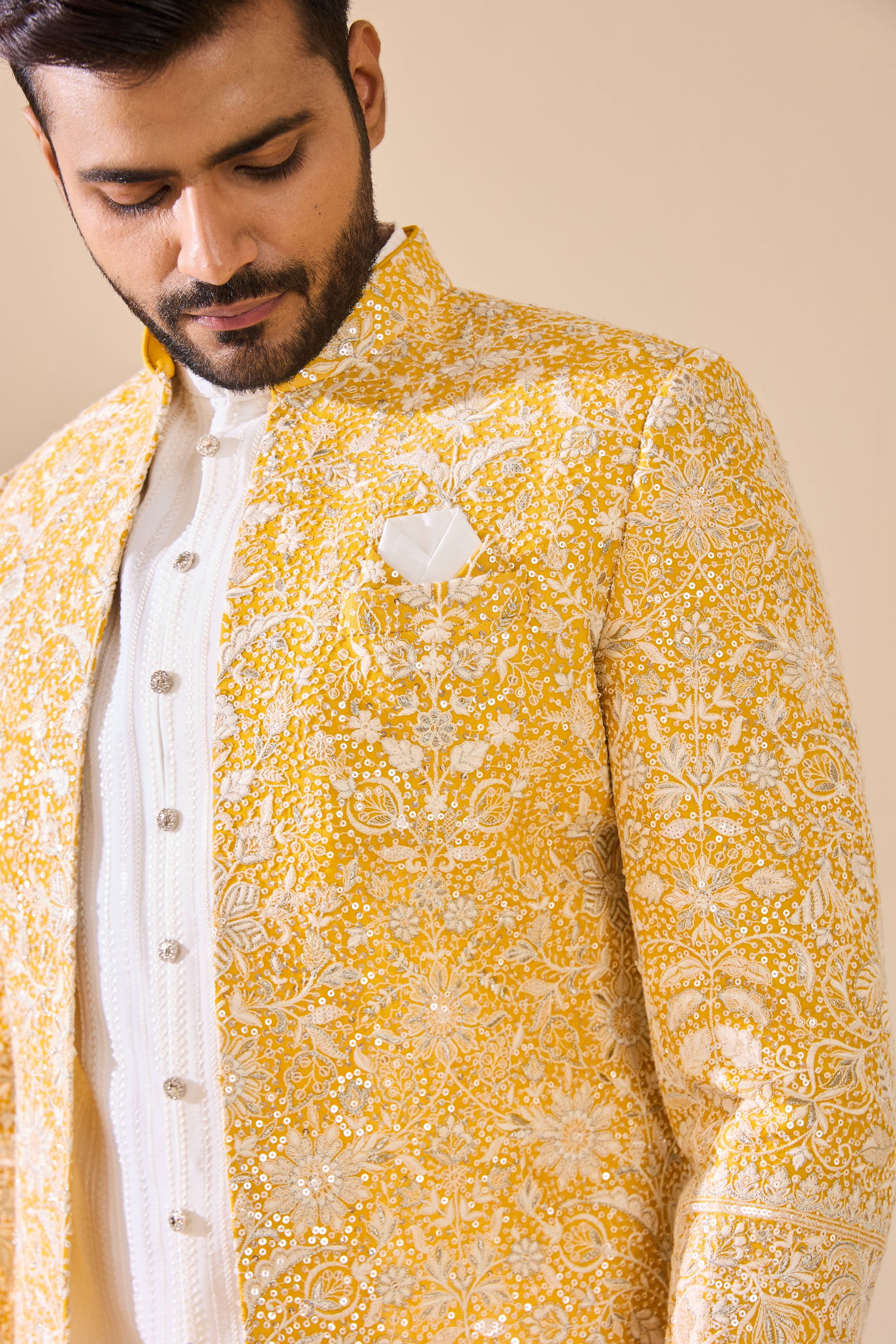 White and Yellow Embroidered Indo-Western In Thread work with Sequins Highlights