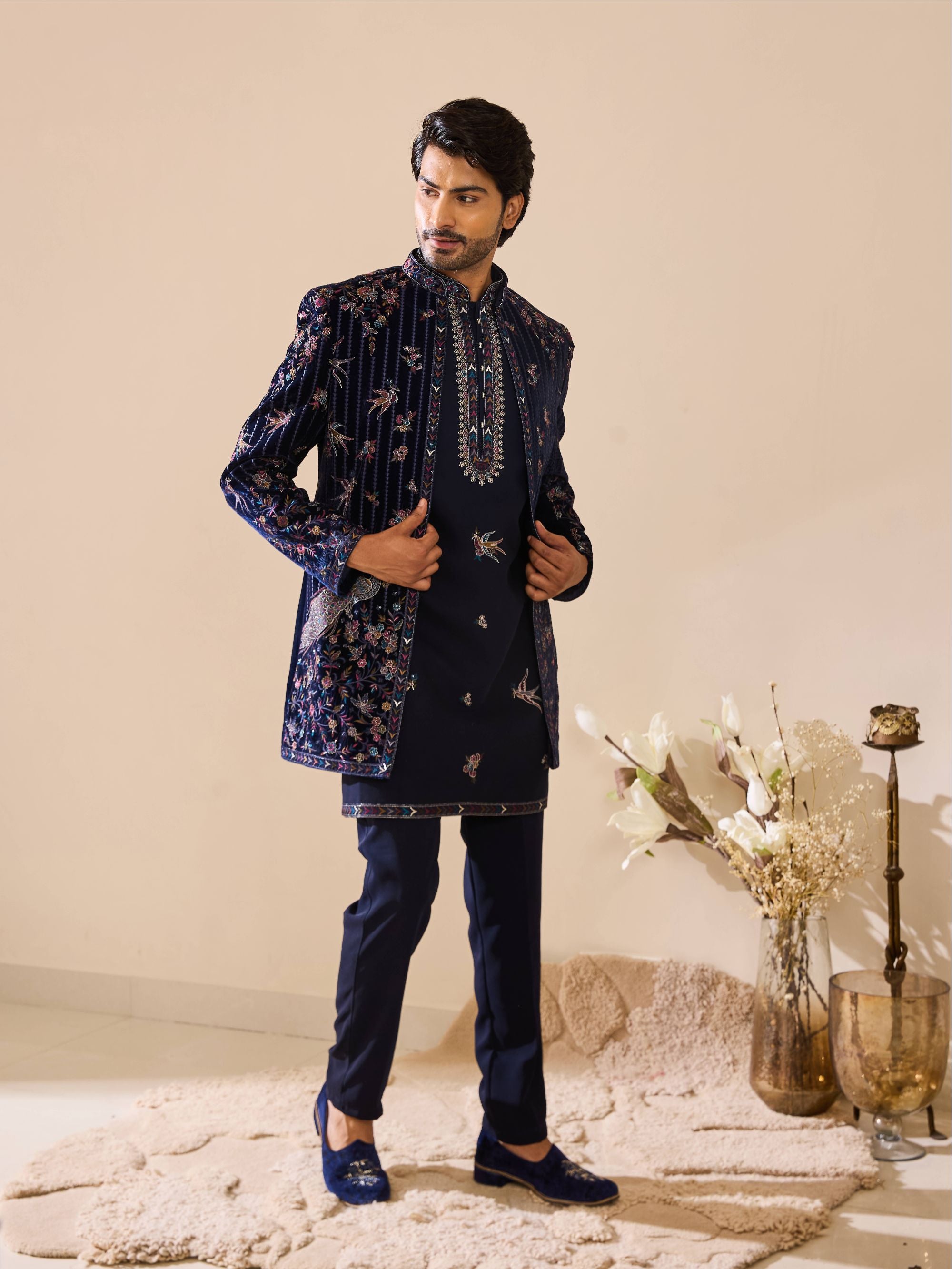 Navy Blue Indo-Western in Resham Thread work with Sequins Work