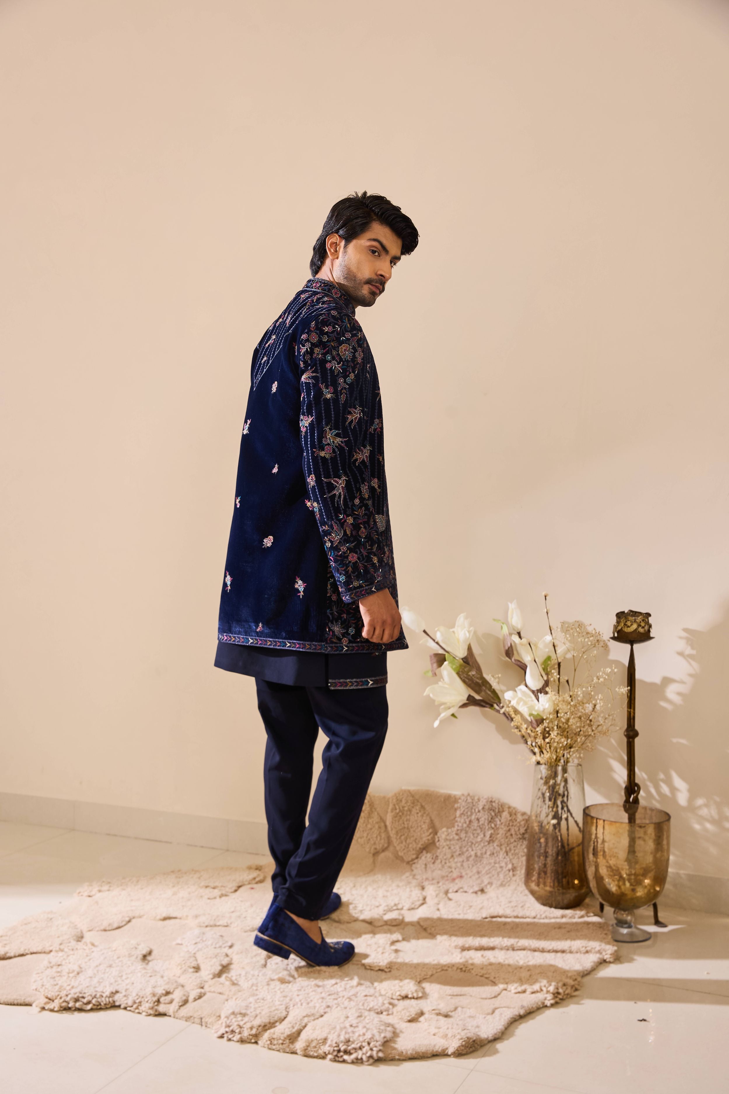 Navy Blue Indo-Western in Resham Thread work with Sequins Work