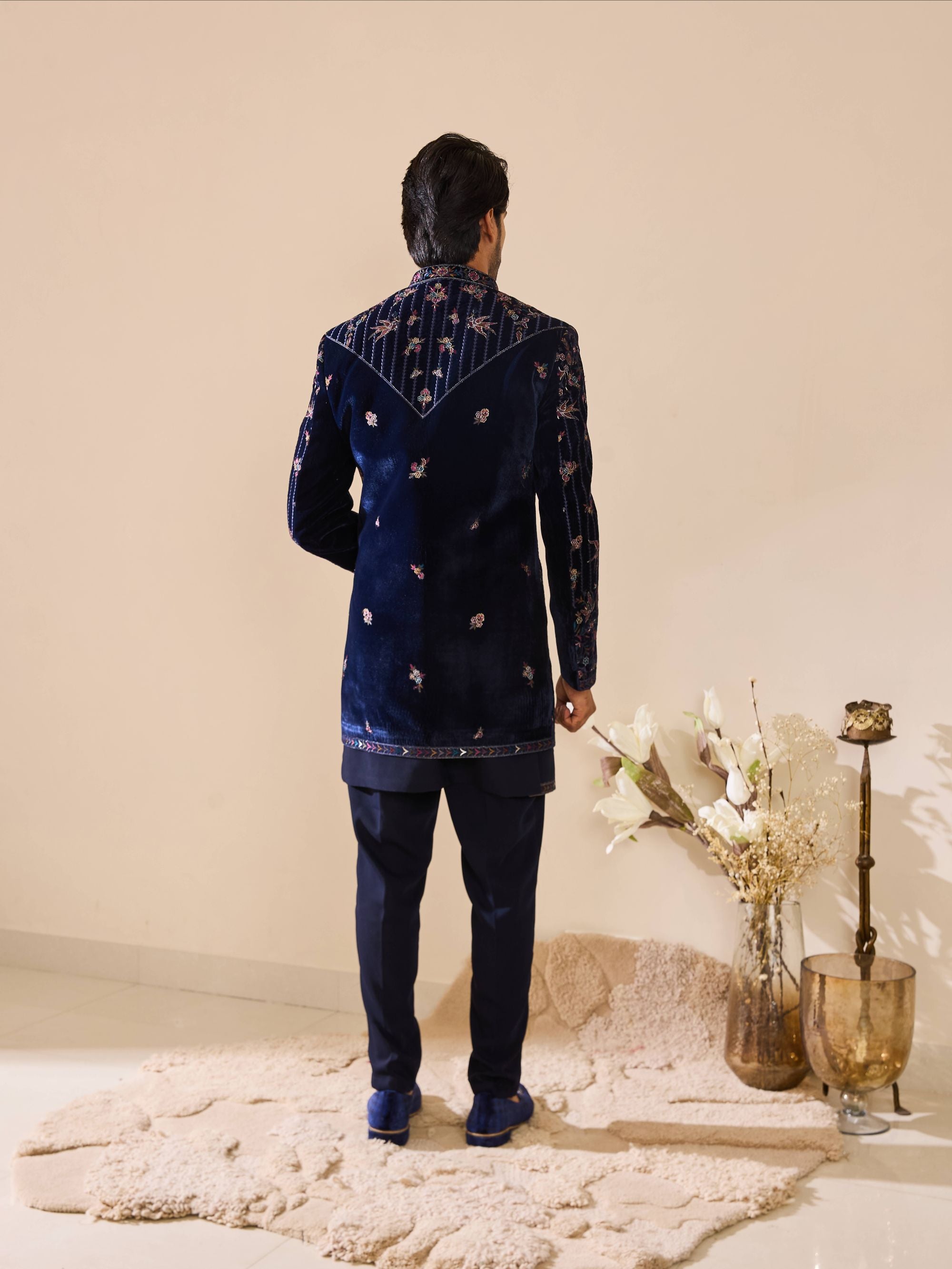 Navy Blue Indo-Western in Resham Thread work with Sequins Work